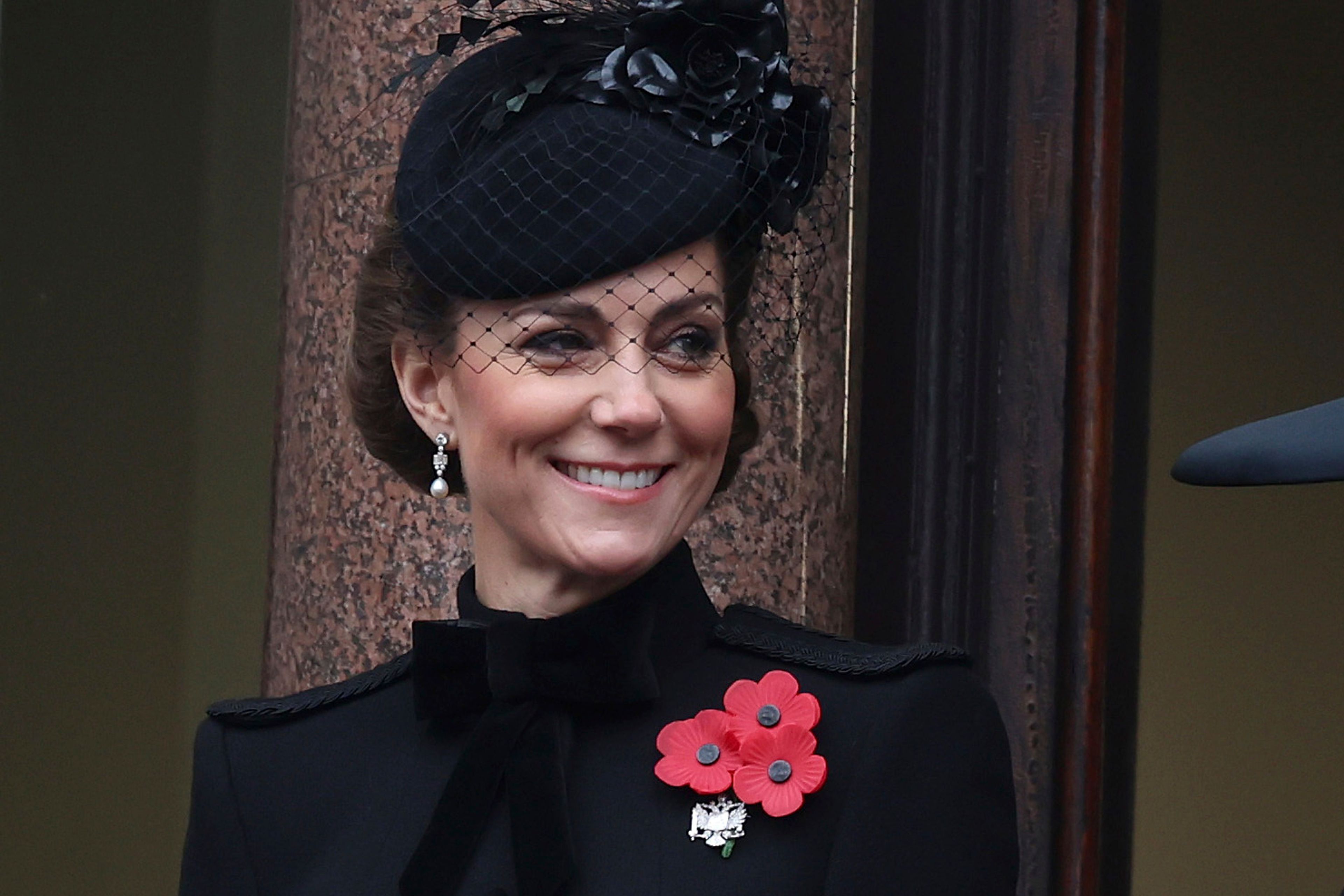 Britain's Kate, Princess of Wales, stands on a balcony during the National Service of Remembrance at The Cenotaph in London, England, Sunday, Nov. 10, 2024. (Photo by Chris Jackson/Pool Photo via AP)