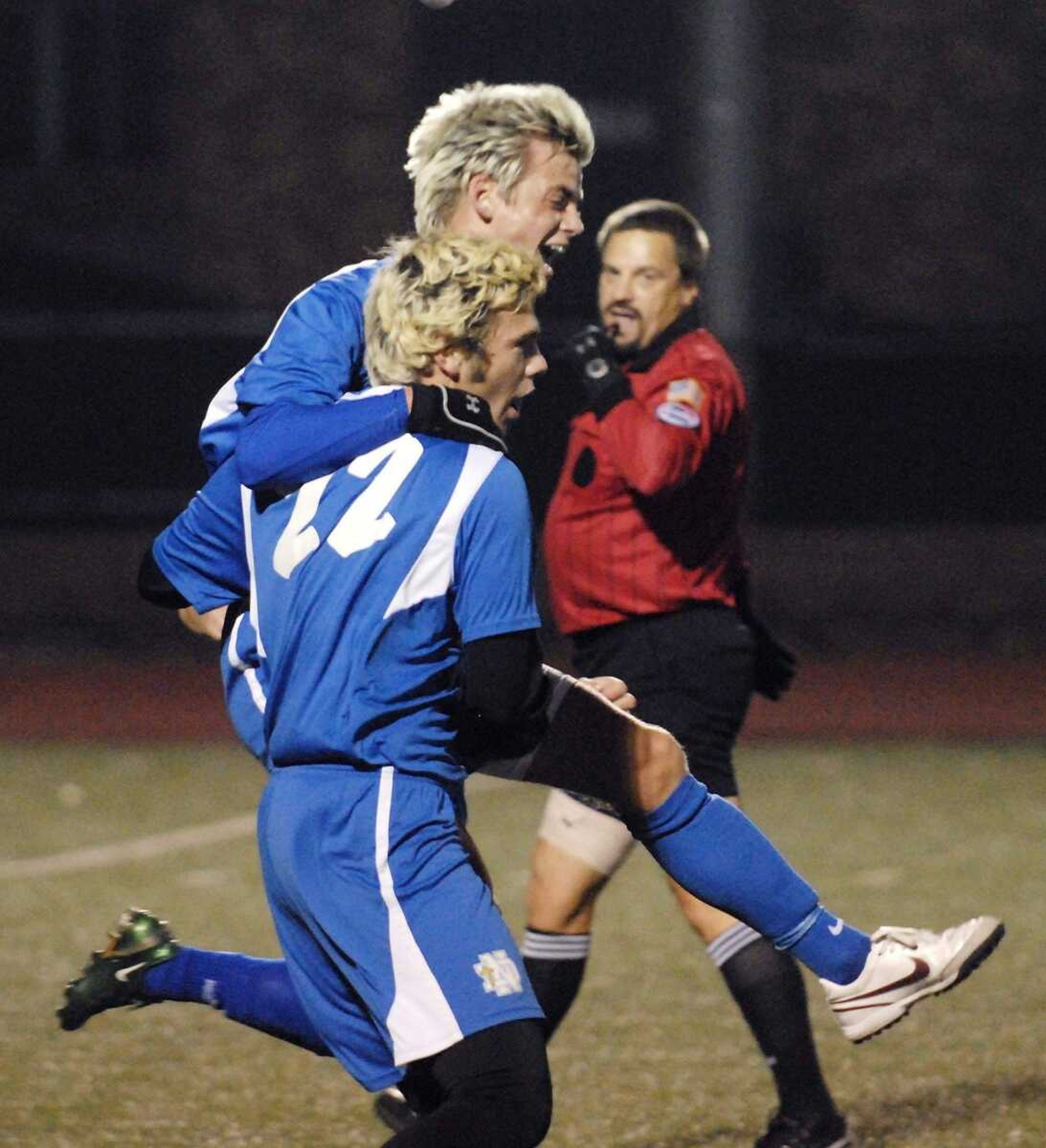 CHUCK WU ~ cwu@semissourian.comJohn Unterreiner of Notre Dame celebrets with teammate Joe Froemsdorf after he scores the first goal againist St. Mary.