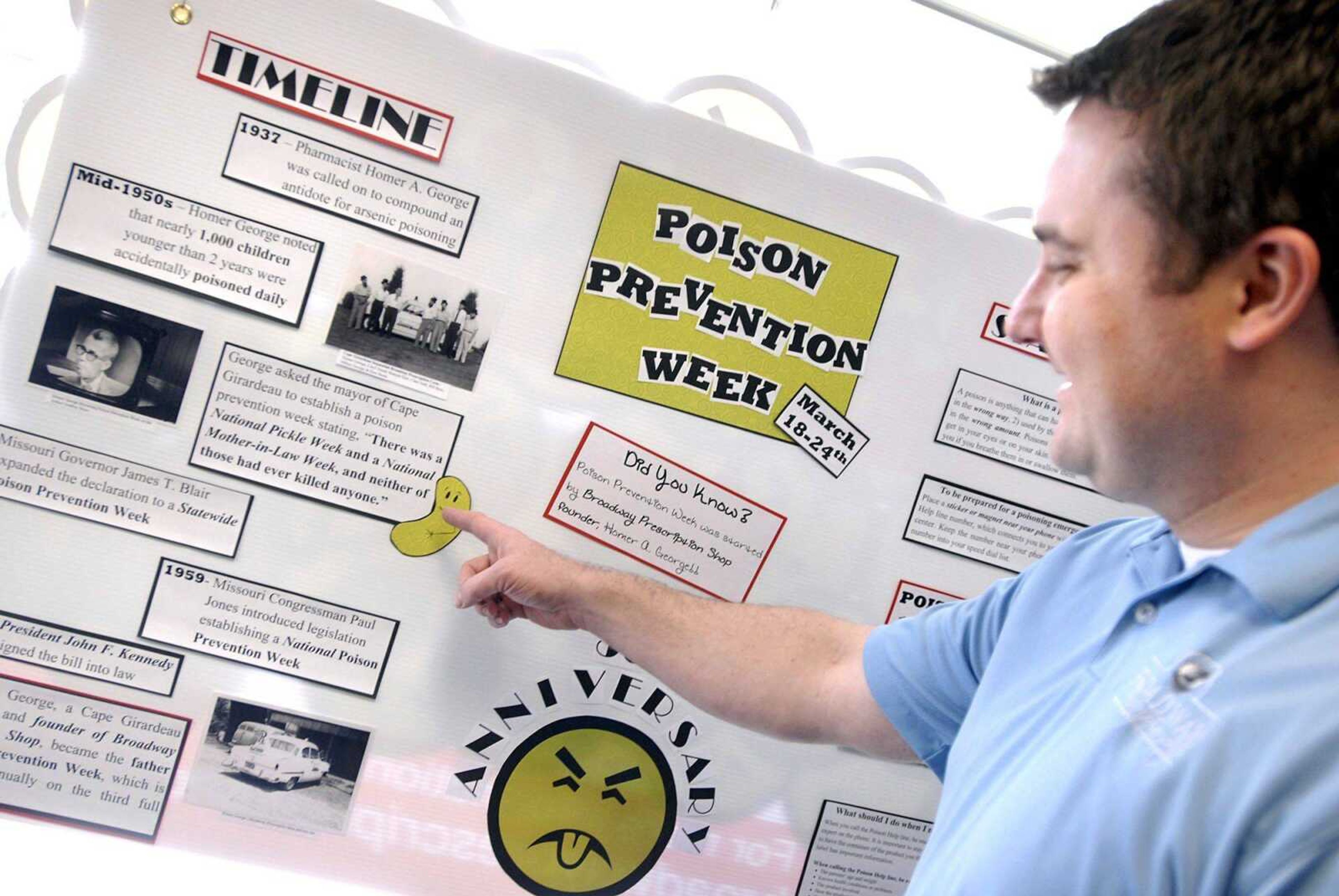 Lee Schlitt goes over the Poison Prevention Week timeline inside the Broadway Prescription Shop in Cape Girardeau.
(LAURA SIMON)