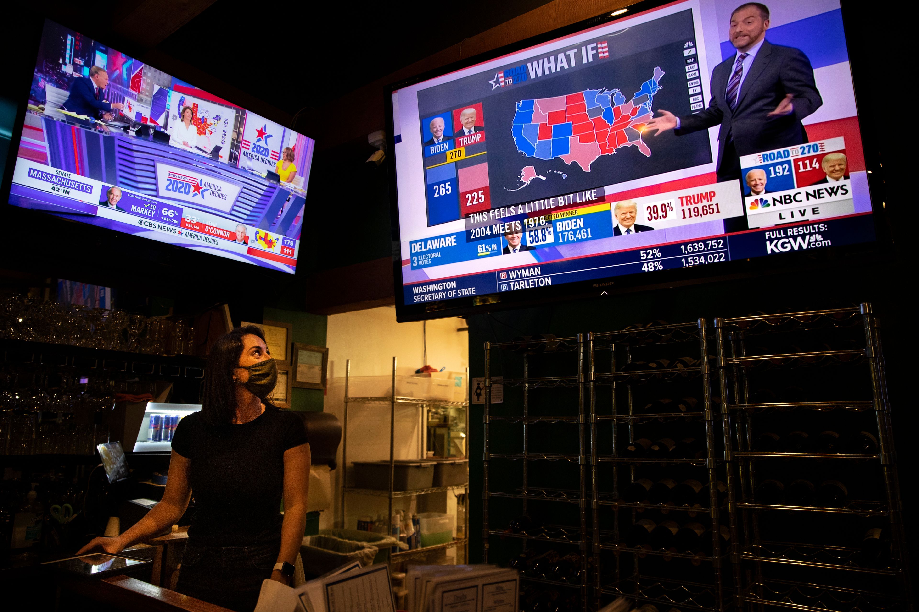 FILE - Bartender Sam Schilke watches election results on television at a bar and grill Tuesday, Nov. 3, 2020, in Portland, Ore. (AP Photo/Paula Bronstein, File)