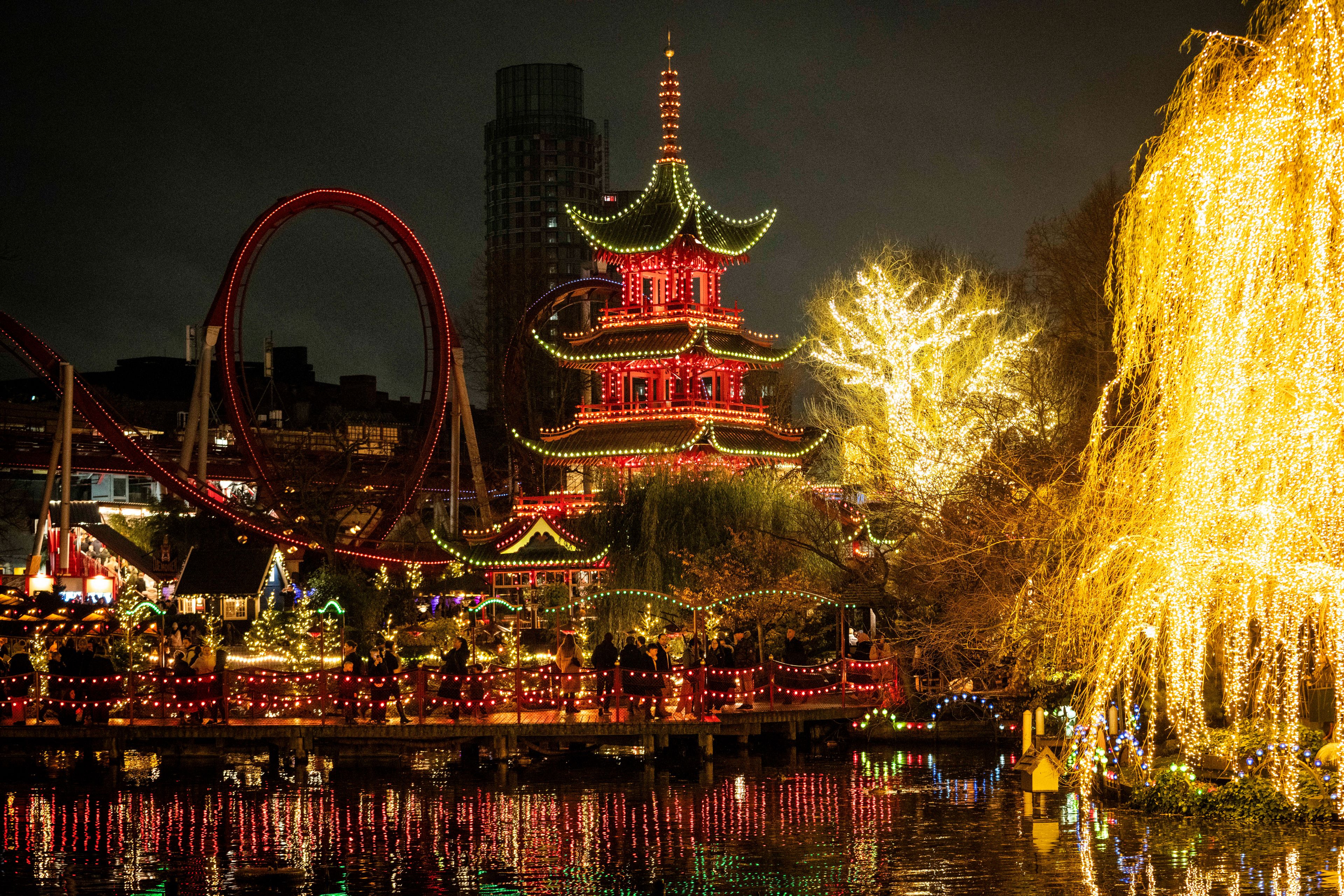 Christmas decorations and lights in Tivoli in Copenhagen, Friday, Nov. 15, 2024.. (Ida Marie Odgaard/Ritzau Scanpix via AP)