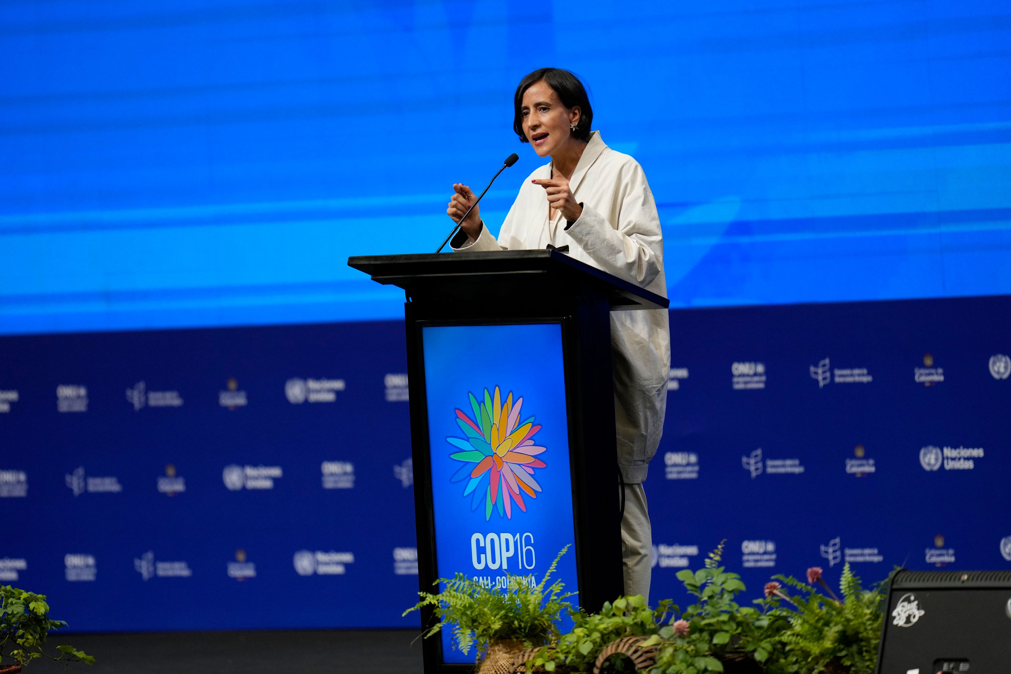 Colombia's Minister of Environment Susana Muhamad gives a speech during the opening ceremony of COP16, a United Nations' biodiversity conference, in Cali, Colombia, Sunday, Oct. 20, 2024. (AP Photo/Fernando Vergara)