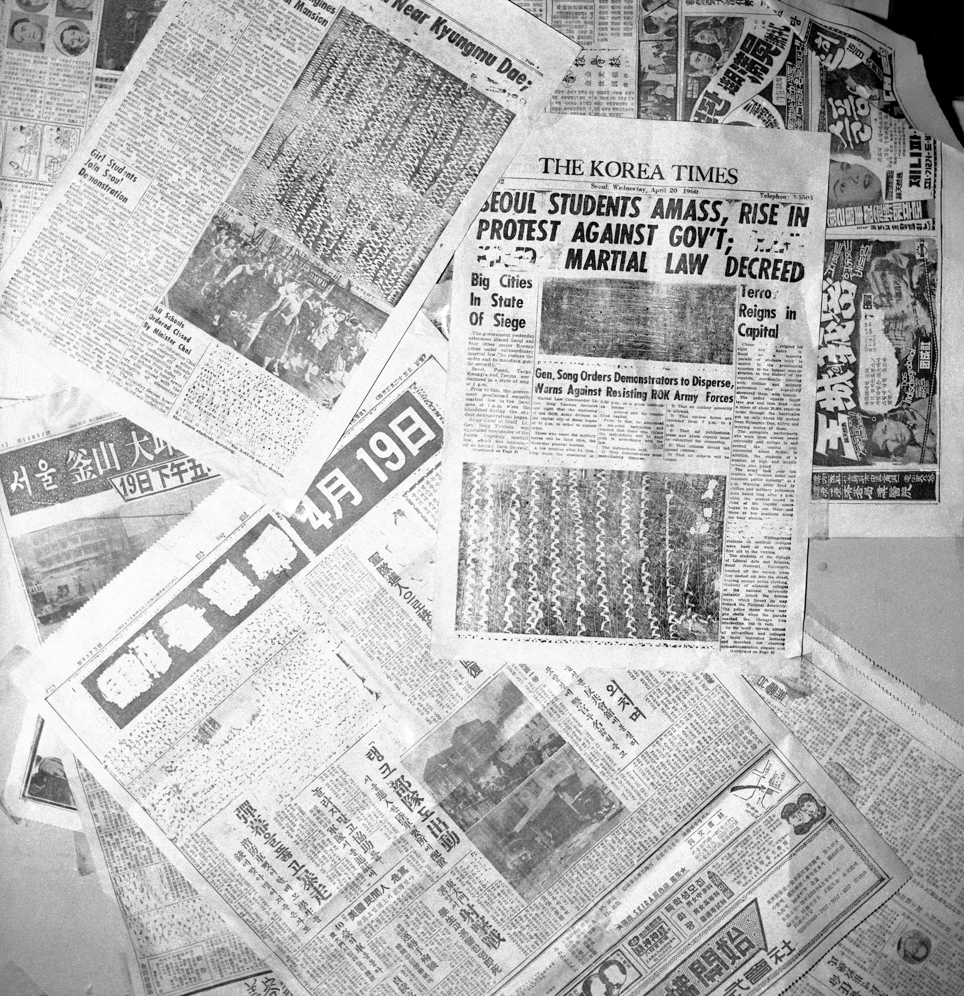 FILE- These are three South Korean newspapers for Wednesday, April 20, which show crude censoring by officials shown April 19, 1960. (AP Photo/File)