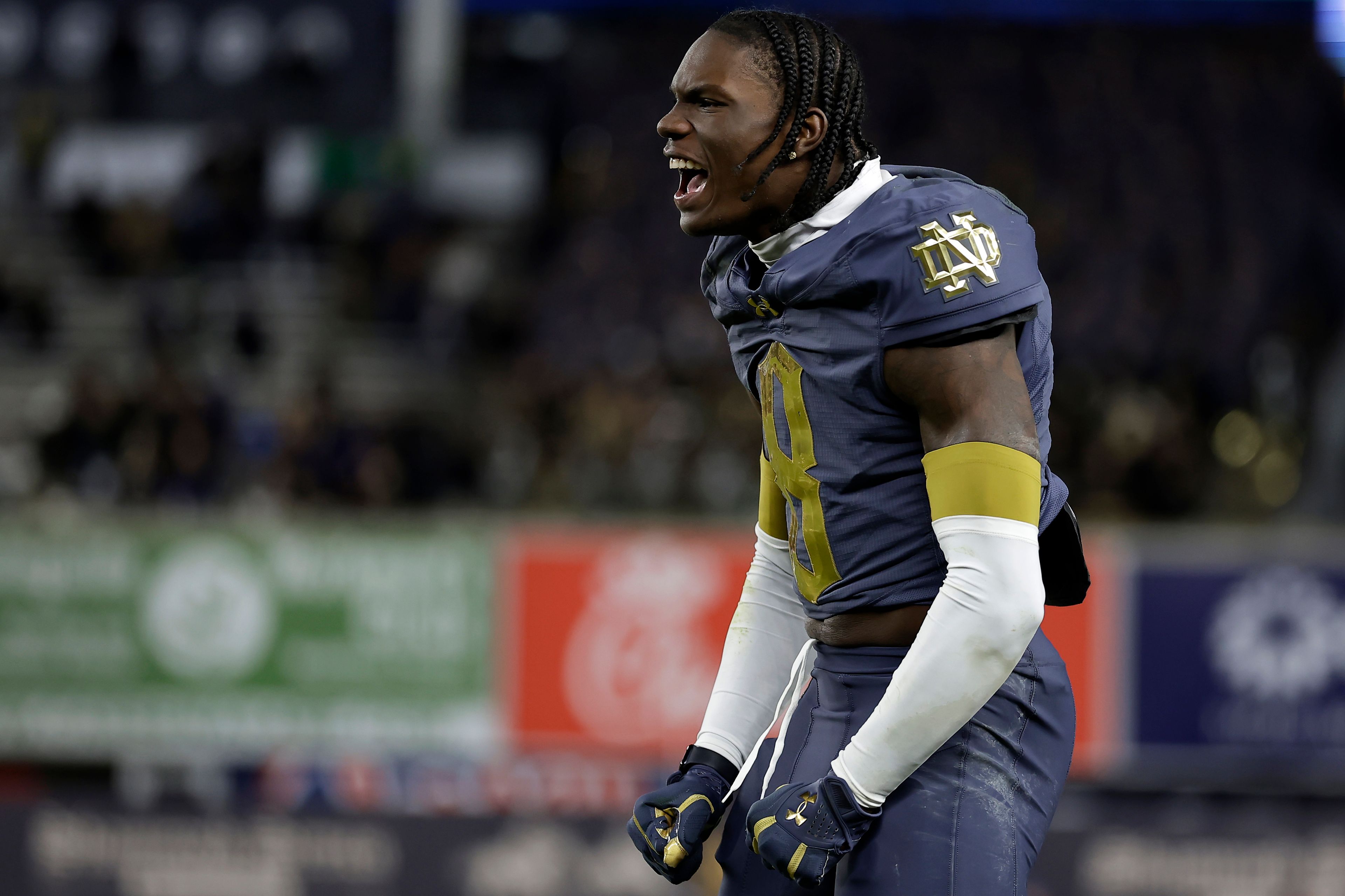 Notre Dame safety Adon Shuler reacts during the second half of an NCAA college football game against Army at Yankee Stadium on Saturday, Nov. 23, 2024, in New York. (AP Photo/Adam Hunger)