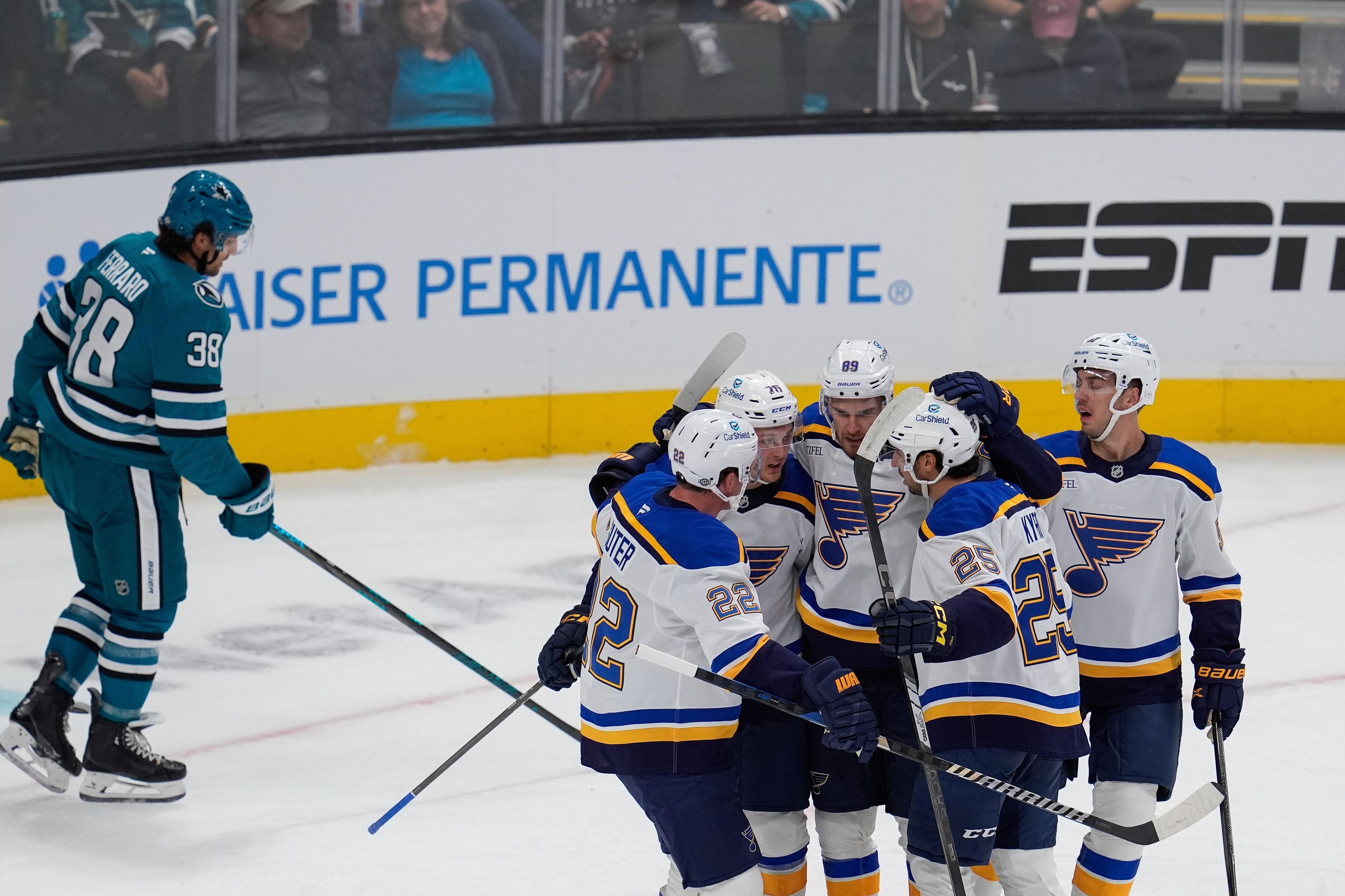 St. Louis Blues left wing Pavel Buchnevich (89) celebrates with teammates after his goal against the San Jose Sharks during the first period of an NHL hockey game Thursday, Oct. 10, 2024, in San Jose, Calif. (AP Photo/Godofredo A. Vásquez)