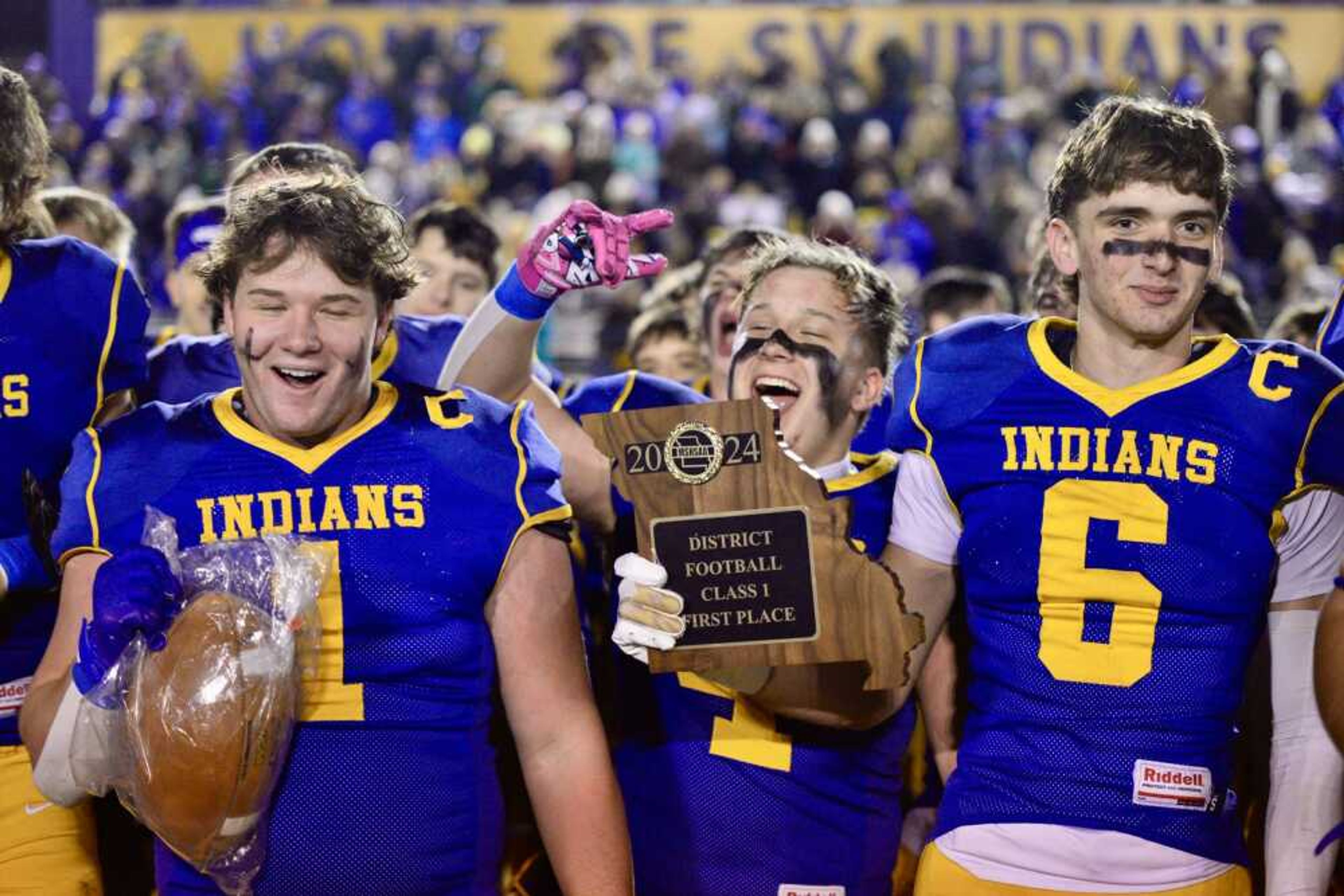 St. Vincent players celebrate winning the Class 1 District 1 championship Friday, Nov. 22, in Perryville.