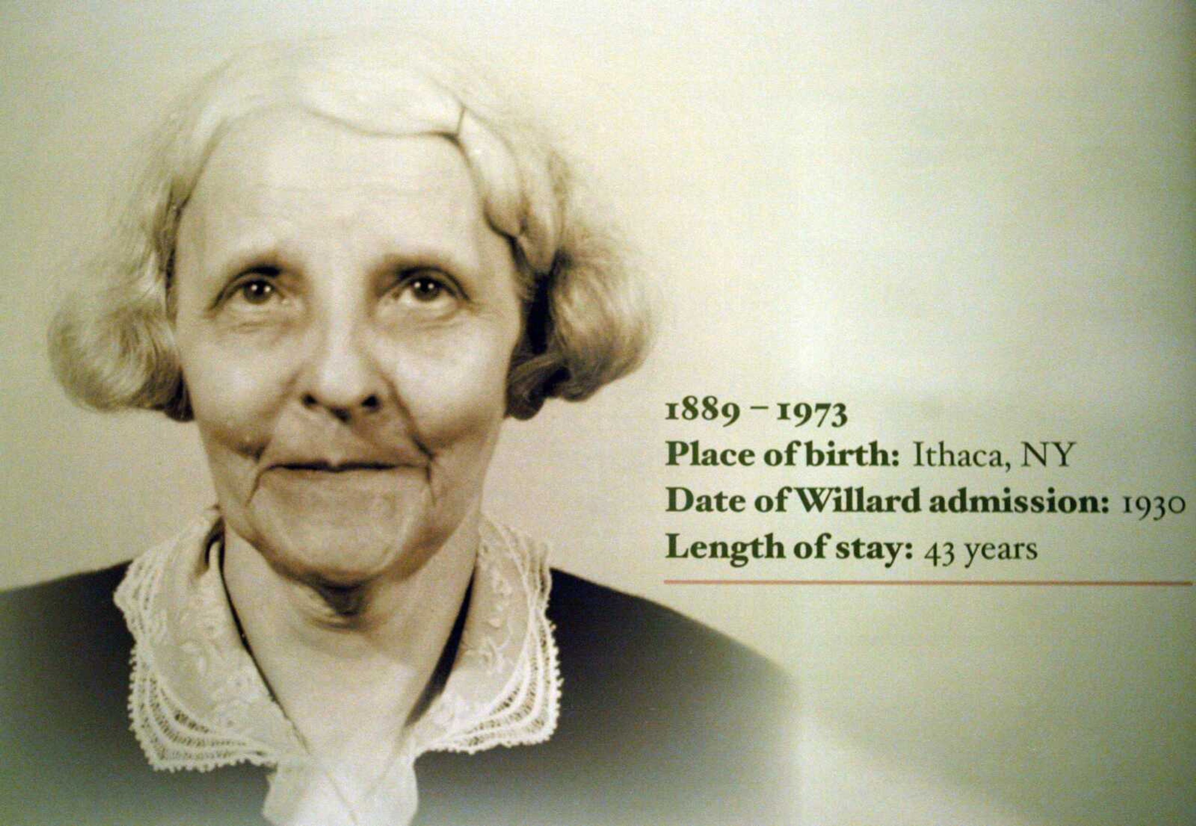 This is a photograph of "Mrs. Ethel #20756," a patient at Willard Psychiatric Center whose personal belongings are part of the New York Public Library exhibit, "The Lives They Left Behind." Mrs. Ethel supported herself as a seamstress and left behind high quality needlework and a set of engraved silver spoons. (KATHY WILLENS ~ Associated Press)