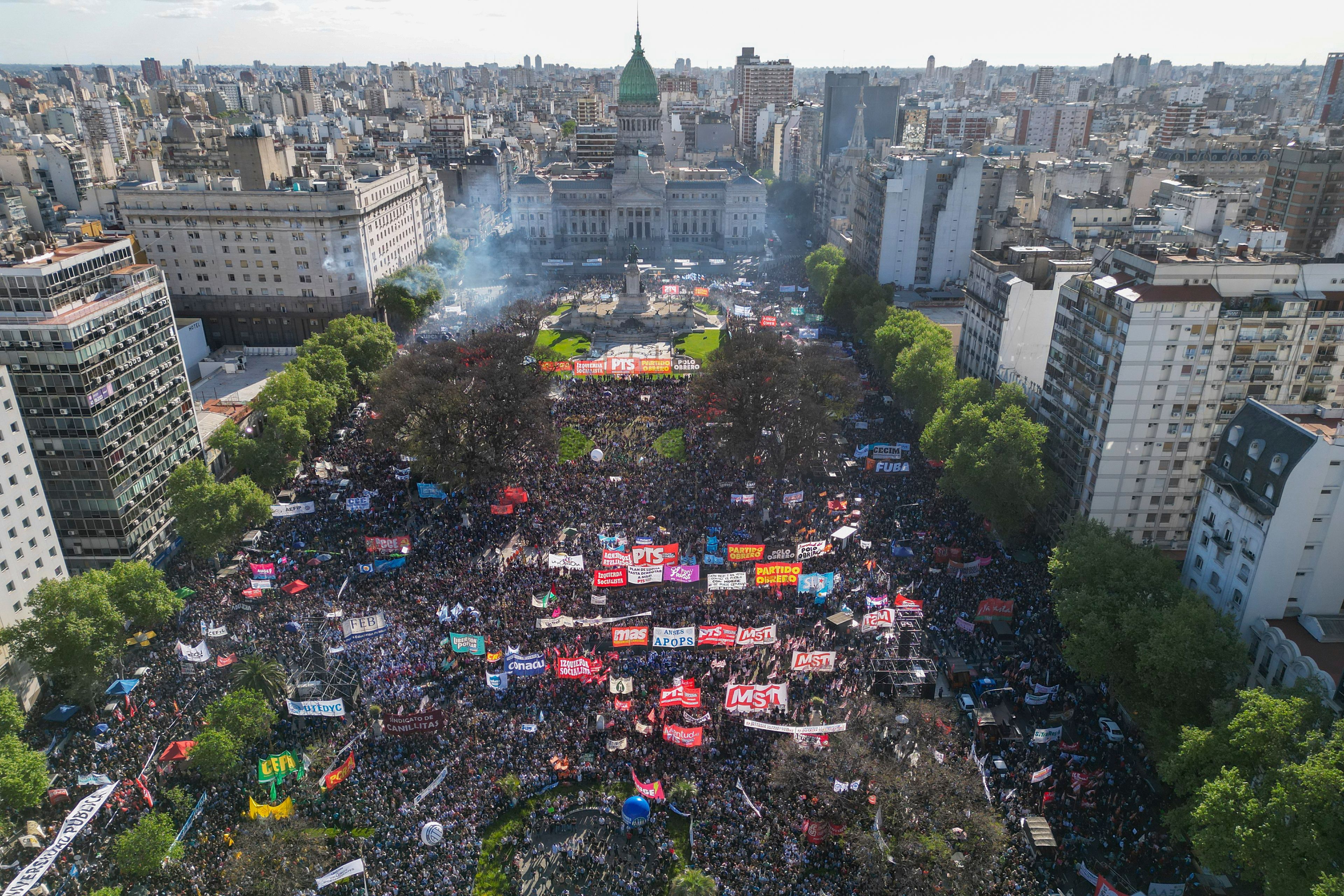 Demonstrators march to Congress for increased funding for public universities in Buenos Aires, Argentina, Wednesday, Oct. 2, 2024. (AP Photo/Rodrigo Abd)