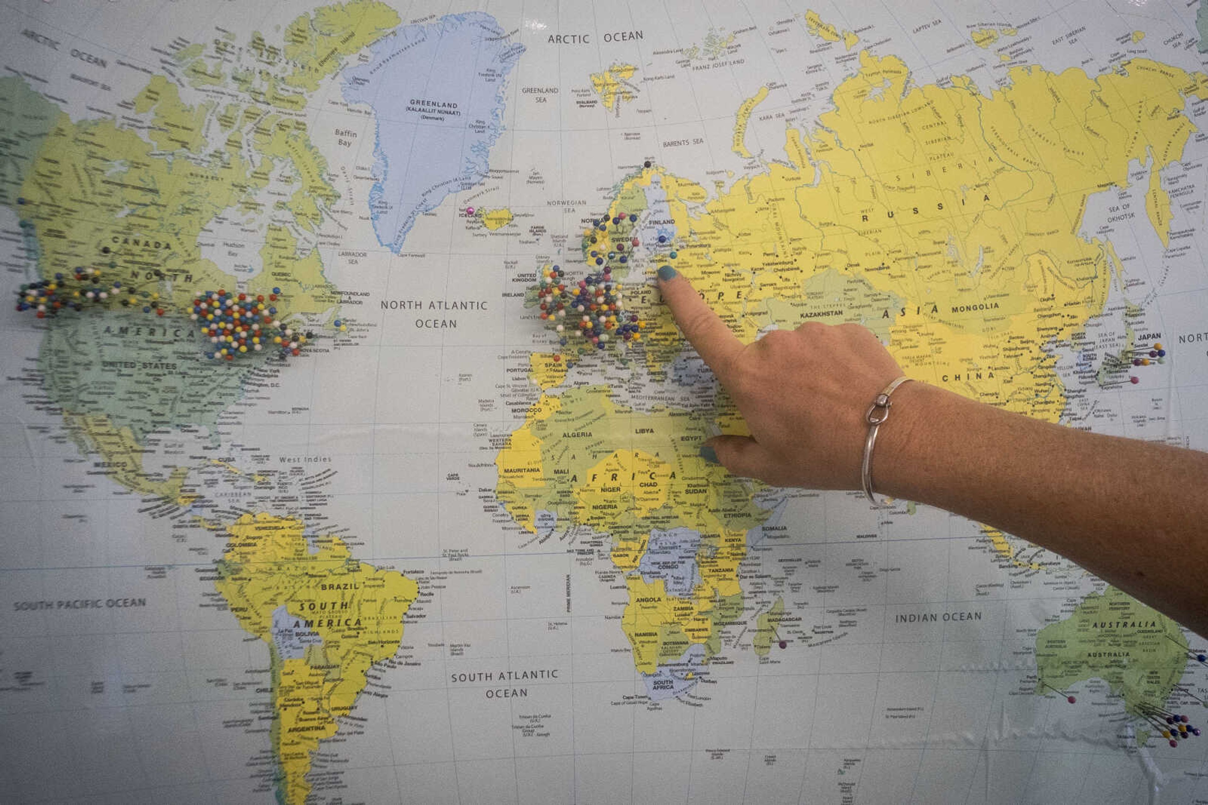 A map of the world marked with pins for each Erlbacher customer outside the United States is seen at Erlbacher Gear & Machine Works in Cape Girardeau. 