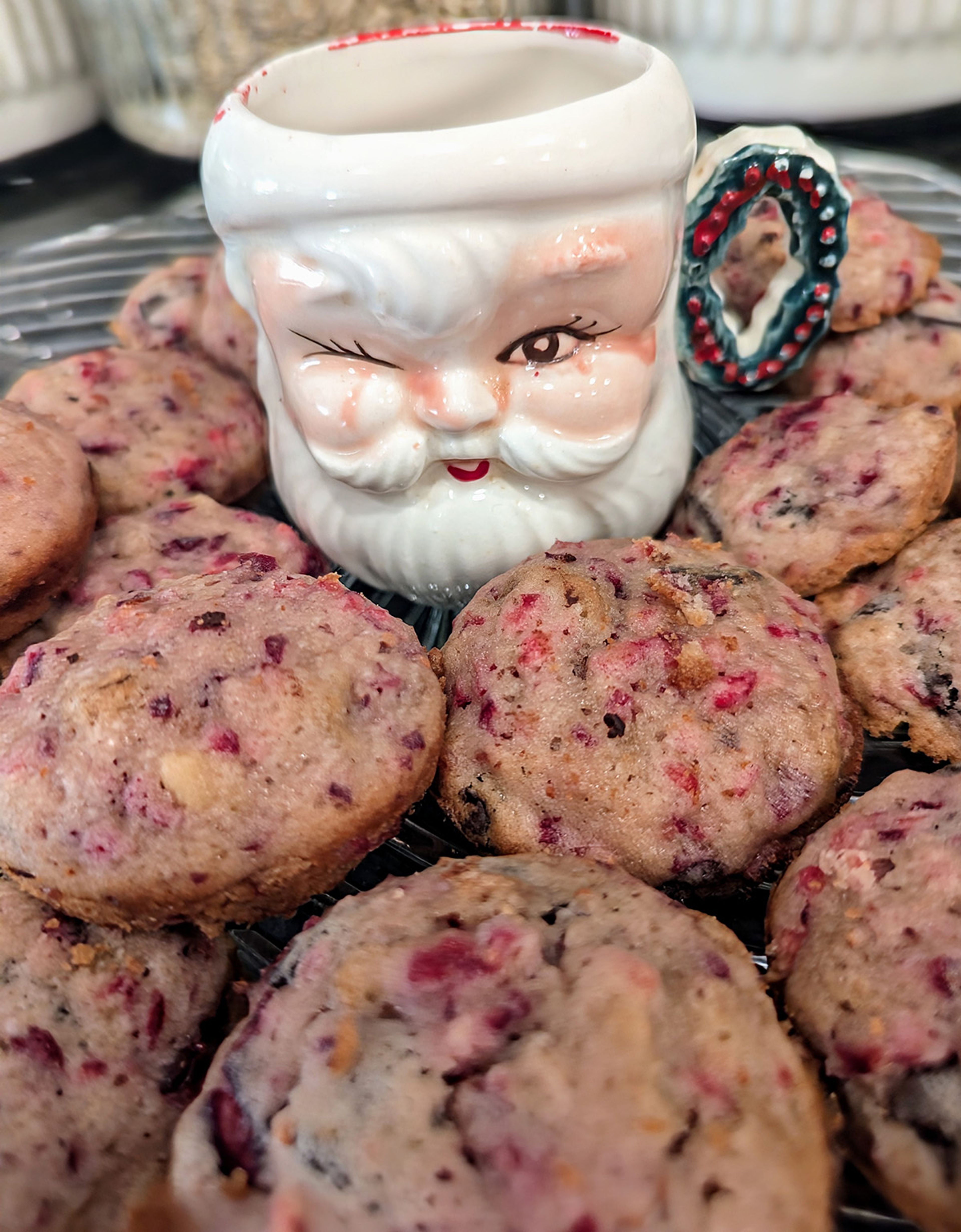 Cookies baked in a muffin tin, like these cranberry studded chocolate chippers, can upgrade your offerings during the holiday, i.e. cookie, season.