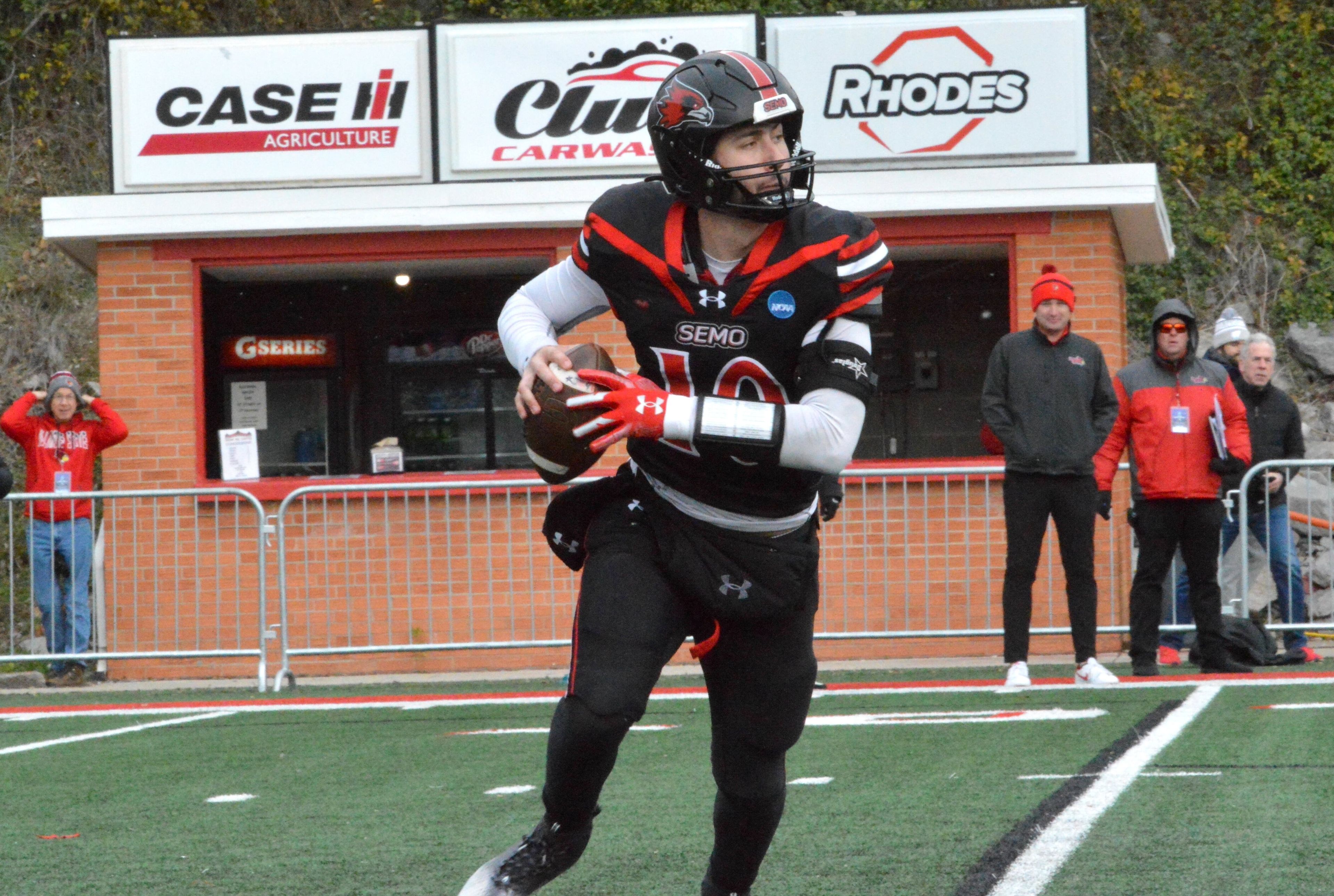 SEMO senior quarterback Paxton DeLaurent rolls right and looks for an open receiver downfield against Illinois State on Saturday, Nov. 30.