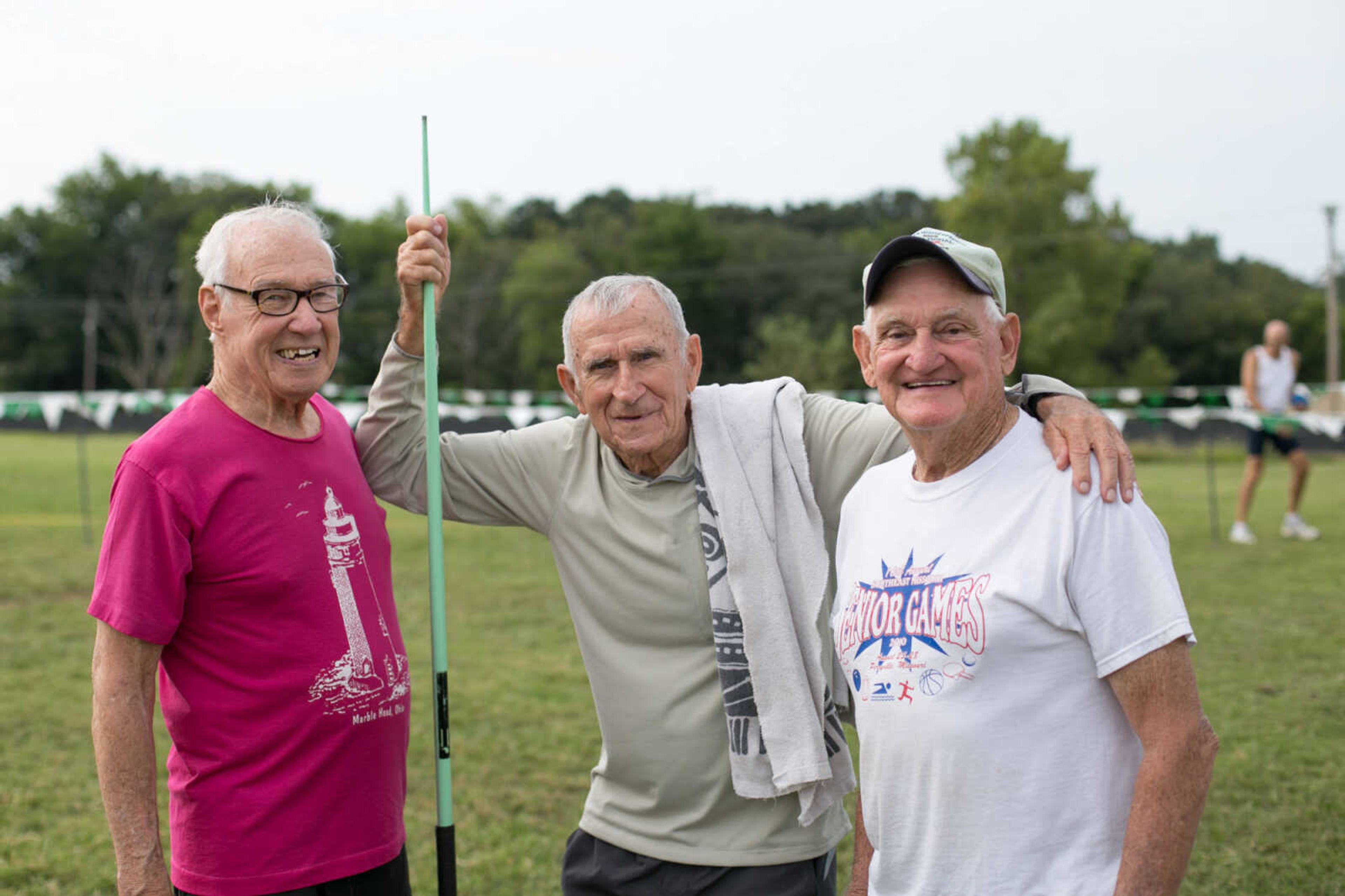 GLENN LANDBERG ~ glandberg@semissourian.com

Jim Krull, left, Bob Maschal and Art Tayon pose for a photo during the track and field events at the Southeast Missouri Senior Games in Perryville, Missouri Saturday, Aug. 22, 2015.