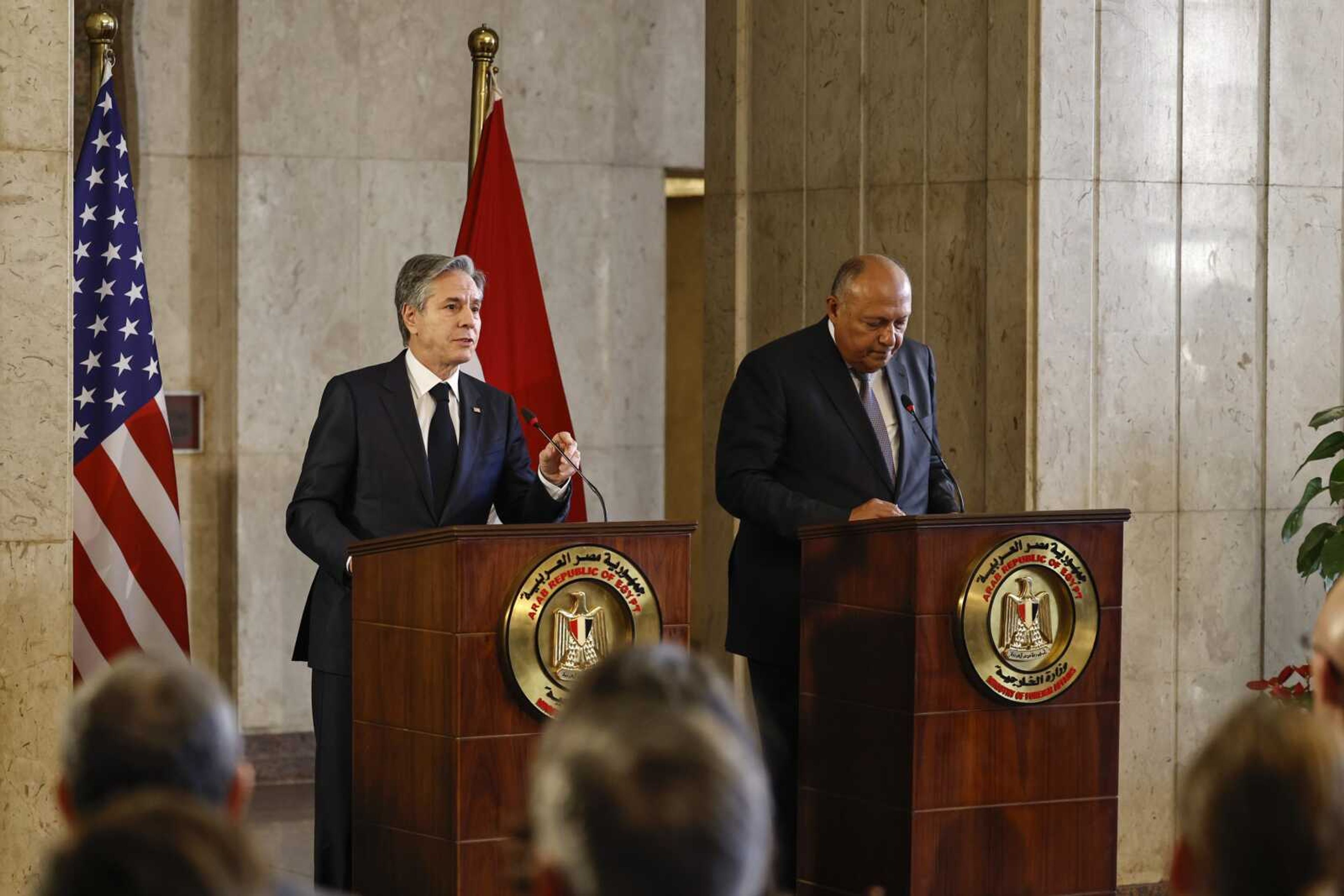 U.S. Secretary of State Antony Blinken, left, and Egyptian Foreign Minister Sameh Shoukry hold a news conference Monday in Cairo, Egypt.