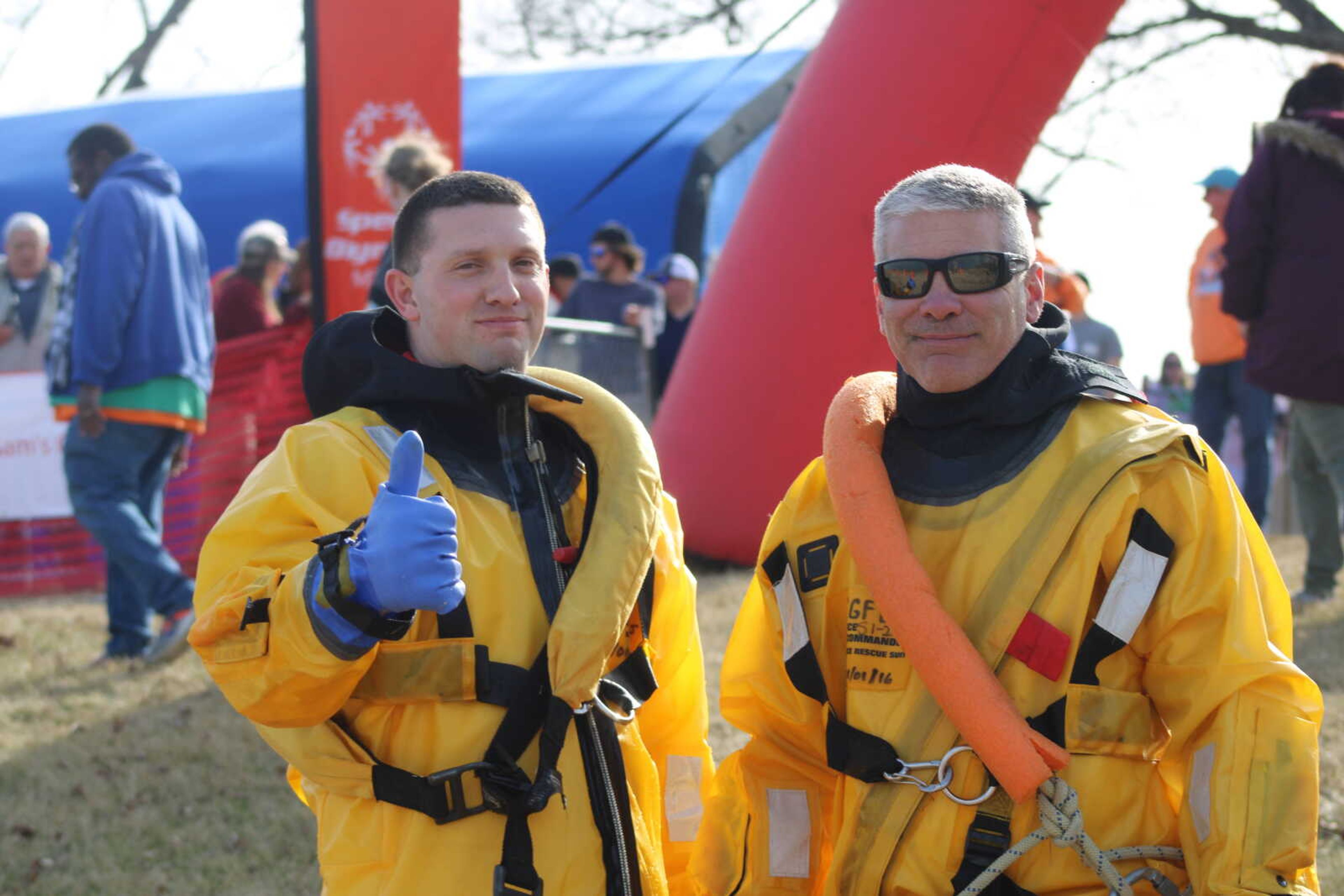 Cape Girardeau firefighters smile for the camera before heading into the water.