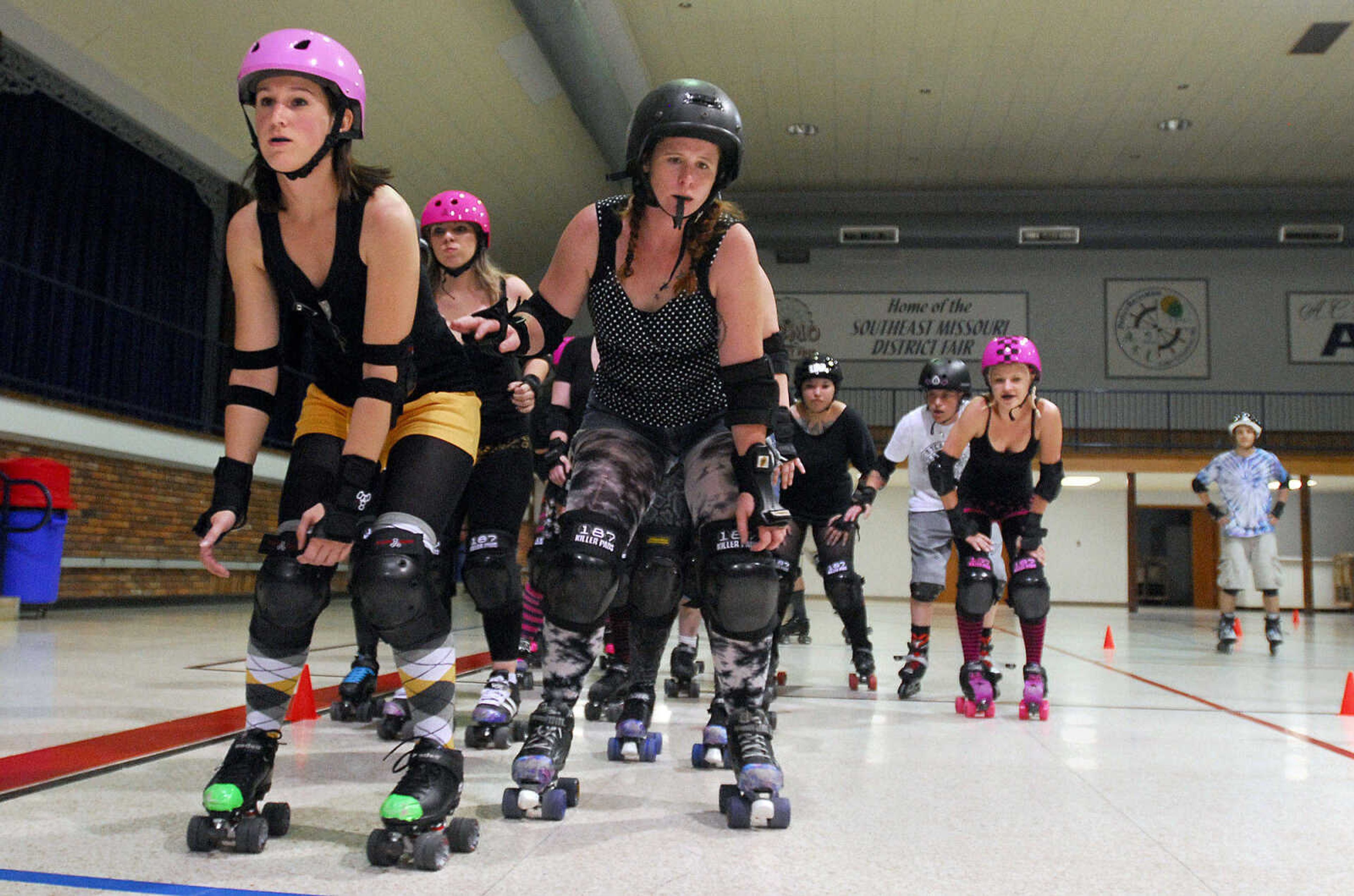 LAURA SIMON~lsimon@semissourian.com
The Cape Girardeau Roller Girls practice on a coned-off track Monday, May 25, 2010 at the A.C. Brase Arena Building.