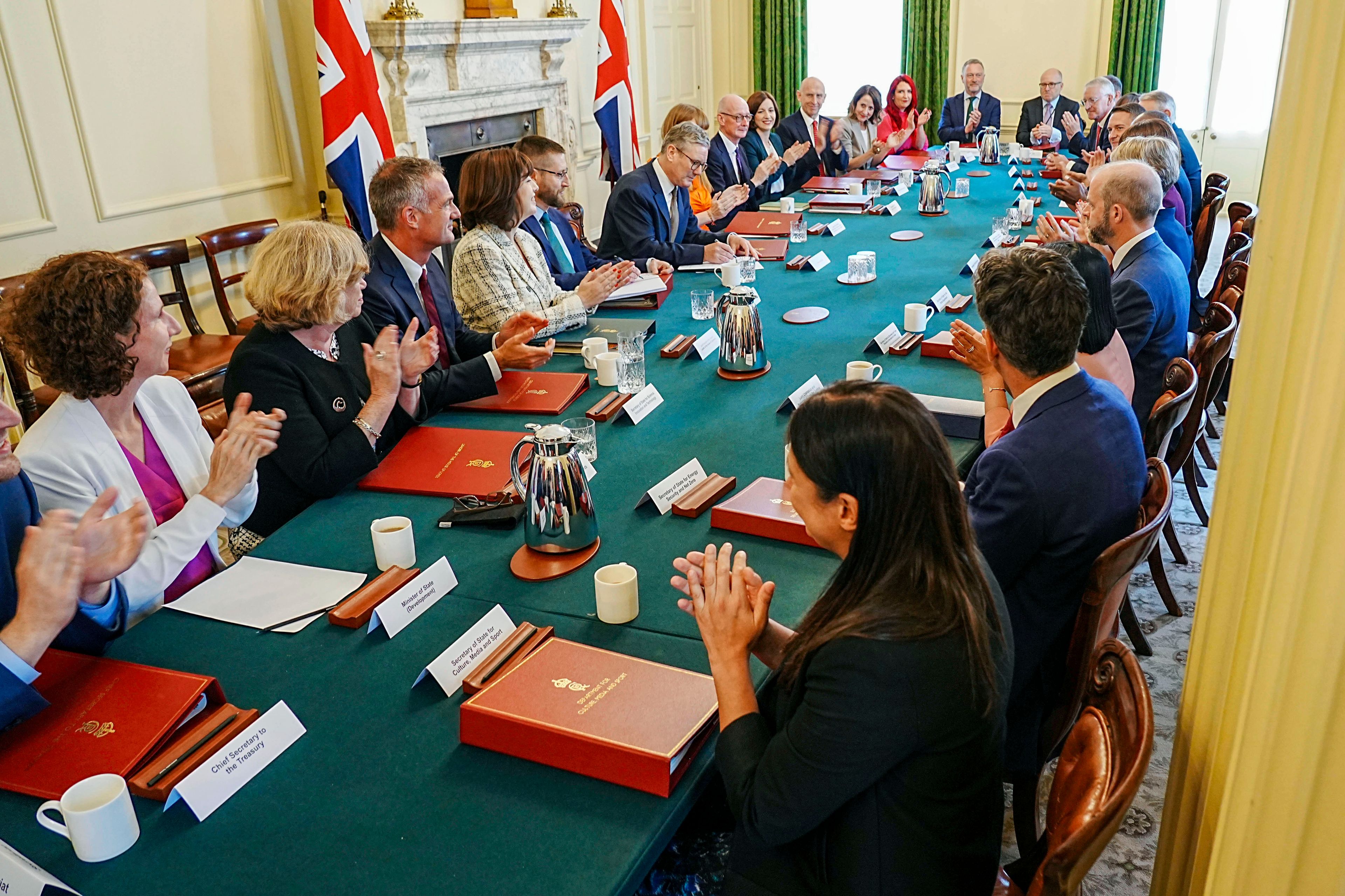 FILE - Britain's Prime Minister Keir Starmer, center, with Deputy Prime Minister Angela Rayner, center right, hosts his first Cabinet meeting at 10 Downing Street, London, Saturday July 6, 2024. following the General Election victory for the Labour Party. (Chris Eades/Pool via AP, File)