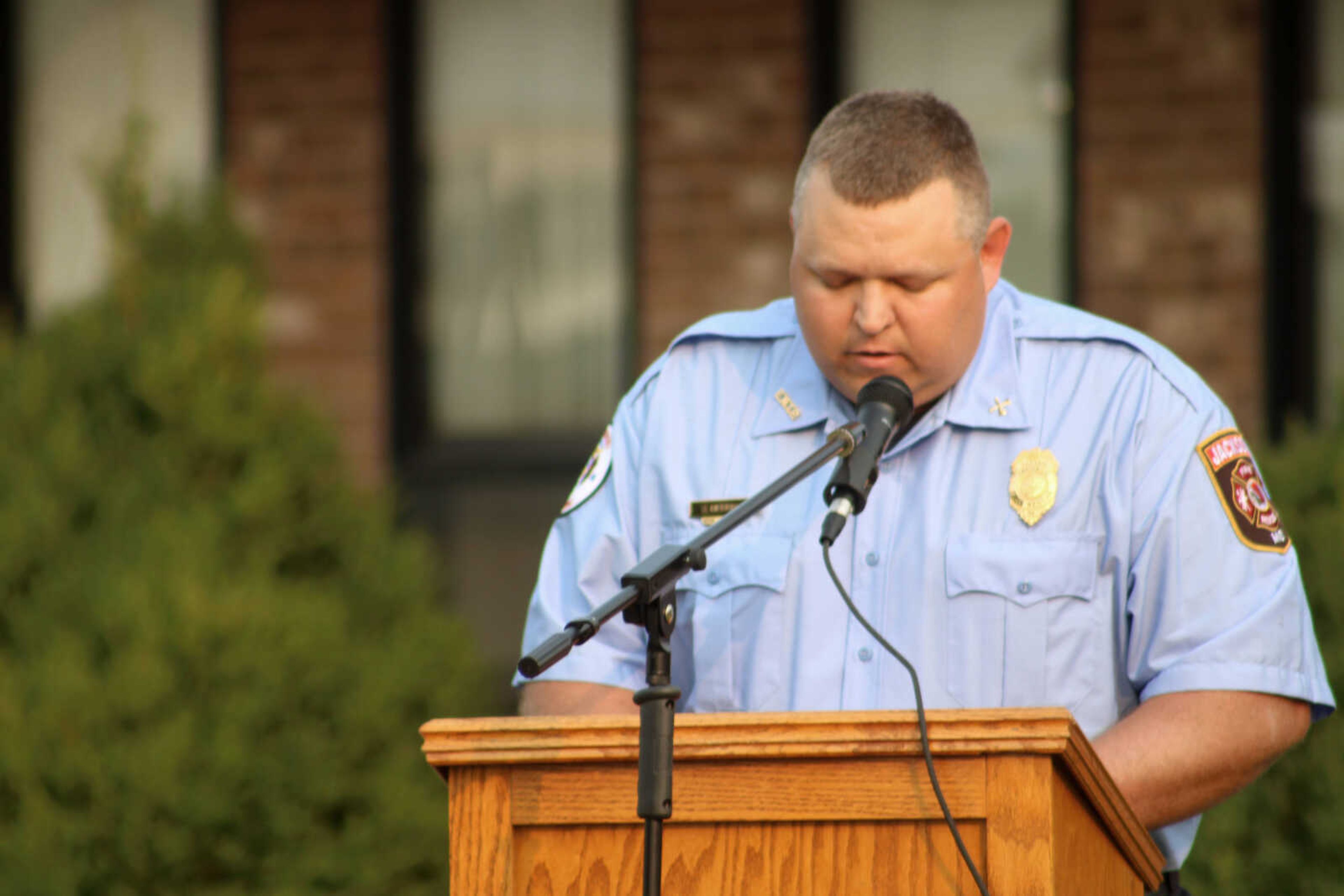 Jackson Fire Rescue captain Sam Herndon speaks during the memorial service held at Fire Station 1 in Jackson Saturday, Sept. 11, 2021, to honor those who died in the terrorist attacks of Sept. 11, 2001.