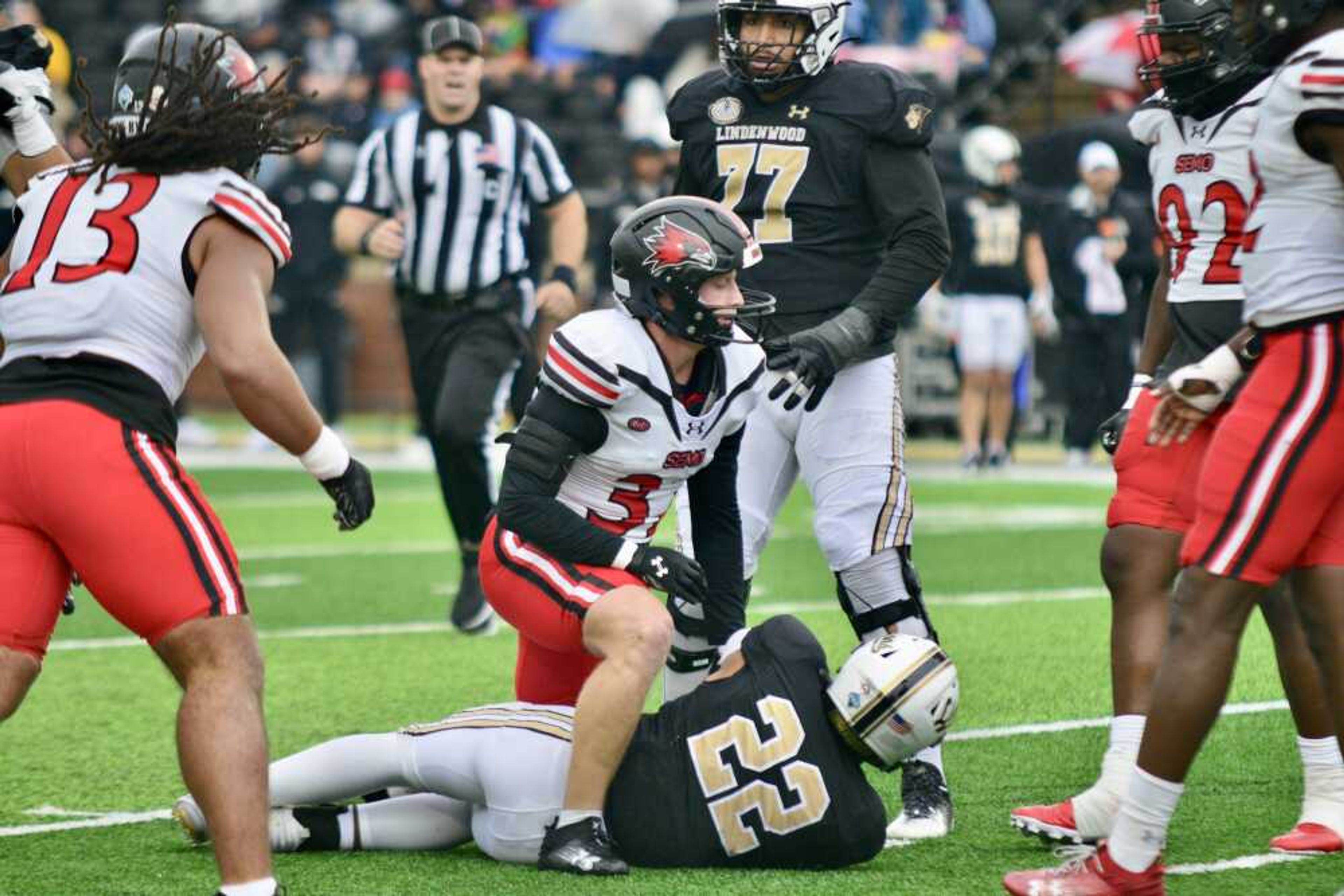 Southeast Missouri State linebacker Bryce Norman, center, stands up after tackling a Lindenwood running back Saturday, Nov. 9, in St. Charles.