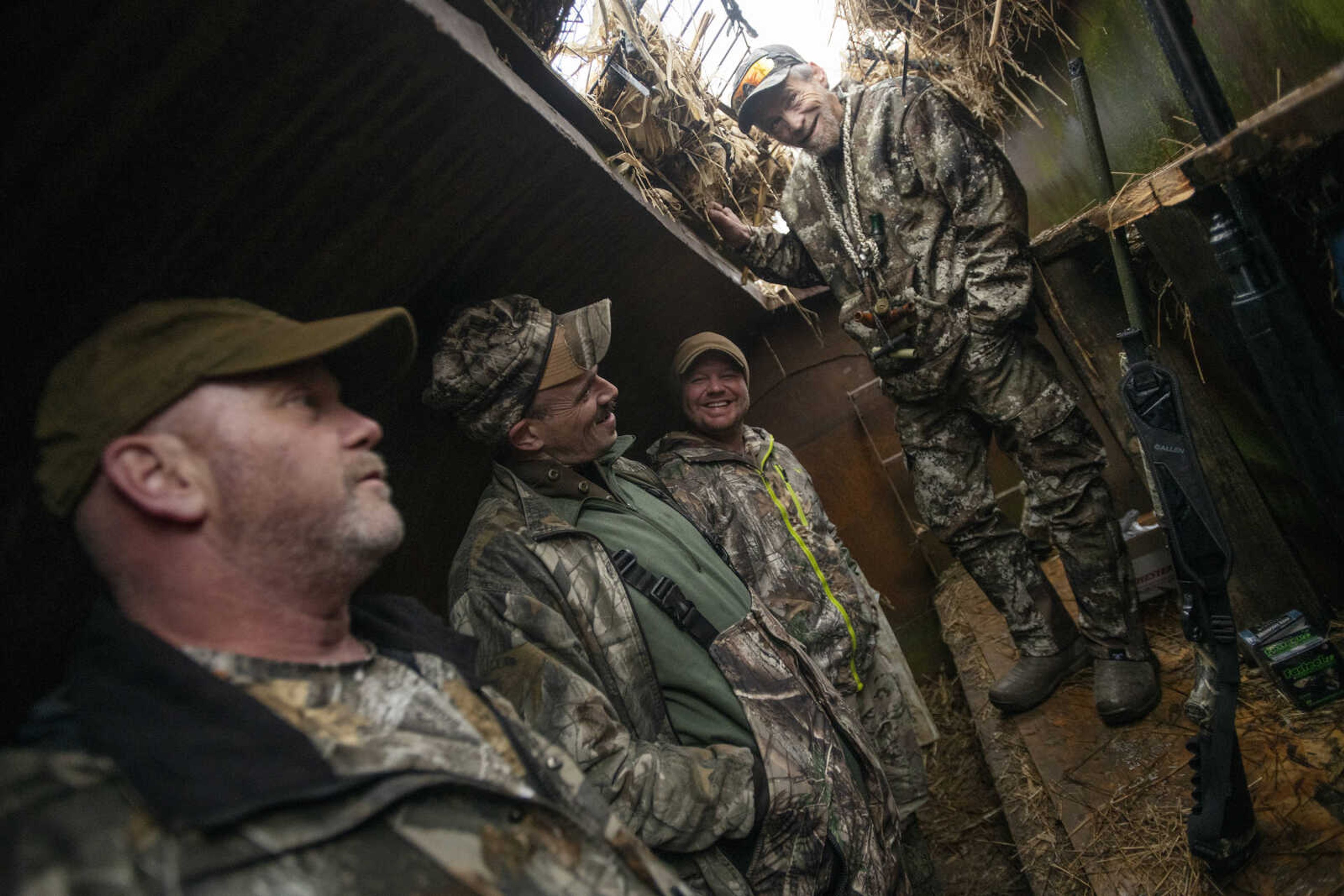 From right: AM Vets Outdoors founder and Air Force veteran Bill Coomer, active duty Air Force member David Fritz, active duty Air Force member Andrew Shanahorn and Army veteran Paul Jubinville spend time together during a snow geese hunt with AM Vets Outdoors on Saturday, March 14, 2020, in Ware, Illinois.