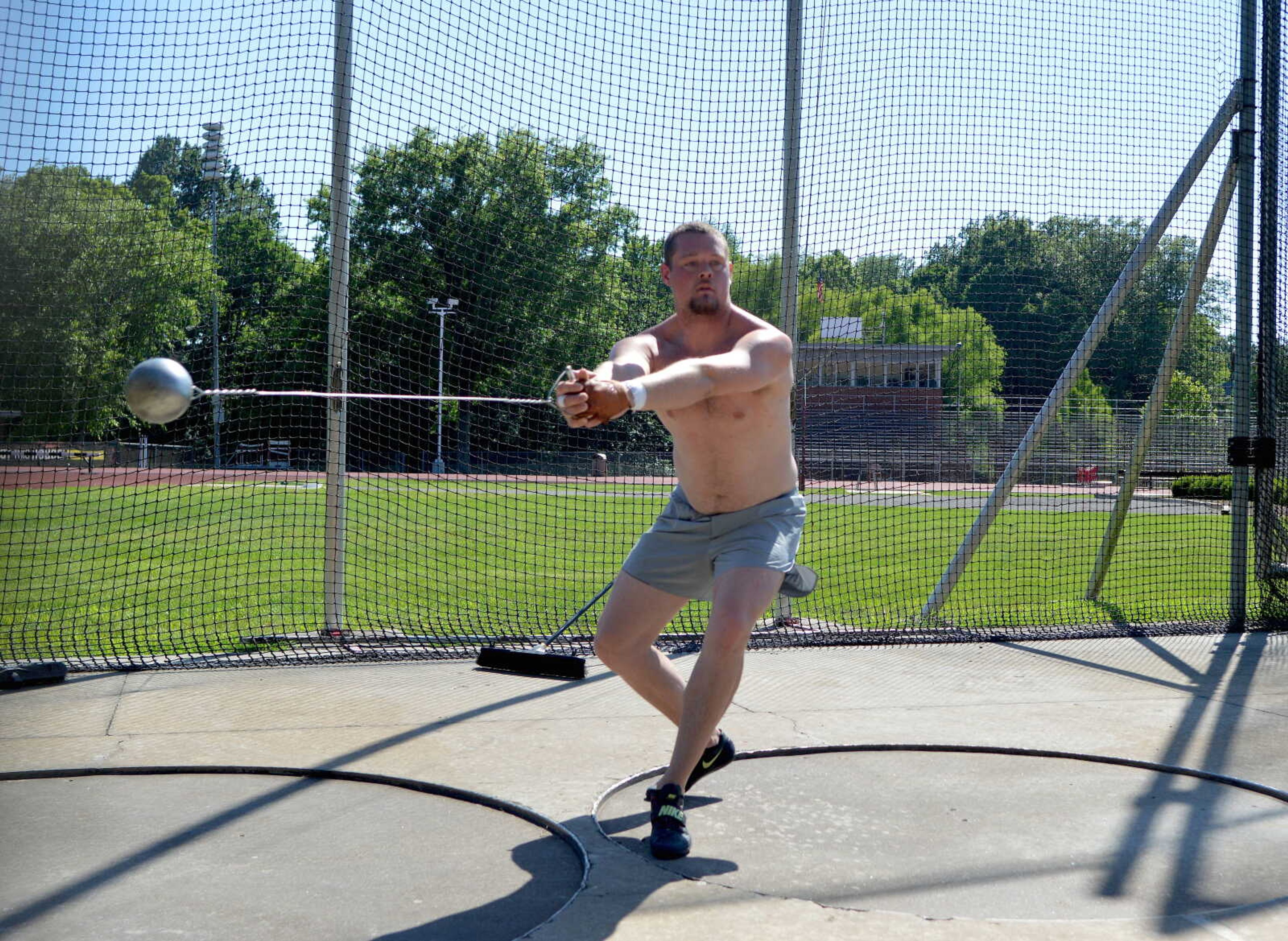 Southeast Missouri State graduate Parker Feuerborn practices his hammer throw technique Thursday, June 13, at the Abe Stuber Track Complex in Cape Girardeau.
