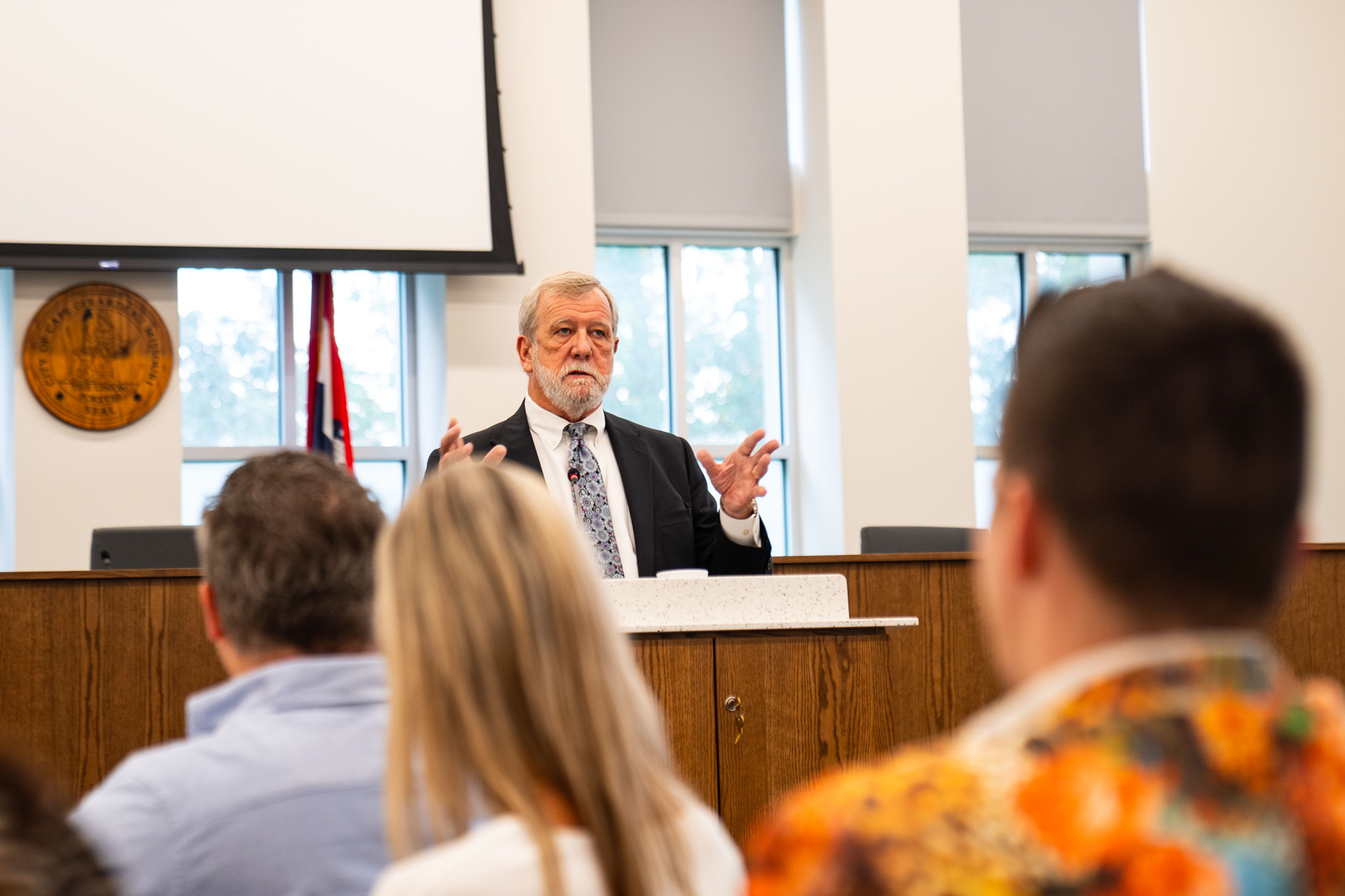 Circuit Judge Benjamin Lewis discusses the Missouri court system with the Gun Violence Task Force at its Thursday, Aug. 15, meeting at City Hall.