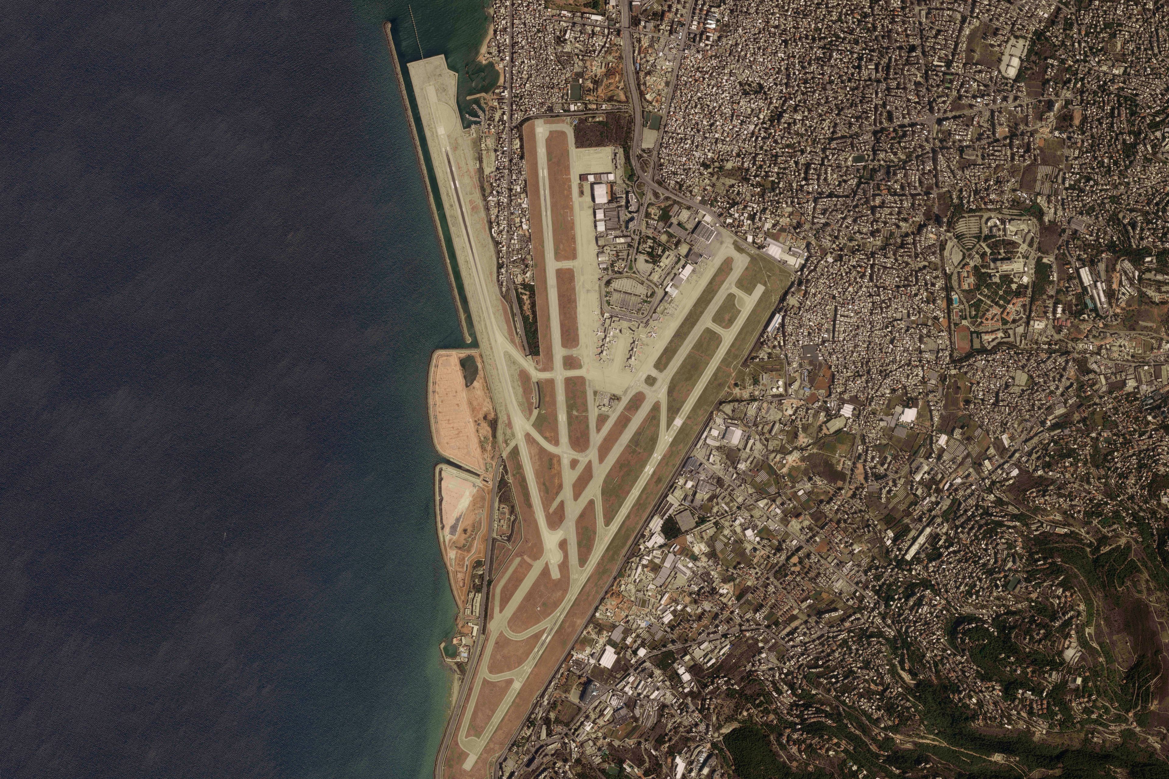 This satellite image from Planet Labs PBC shows Beirut's Rafik Hariri International Airport in Beirut, Lebanon, Sunday, Sept. 29, 2024. (Planet Labs PBC via AP)