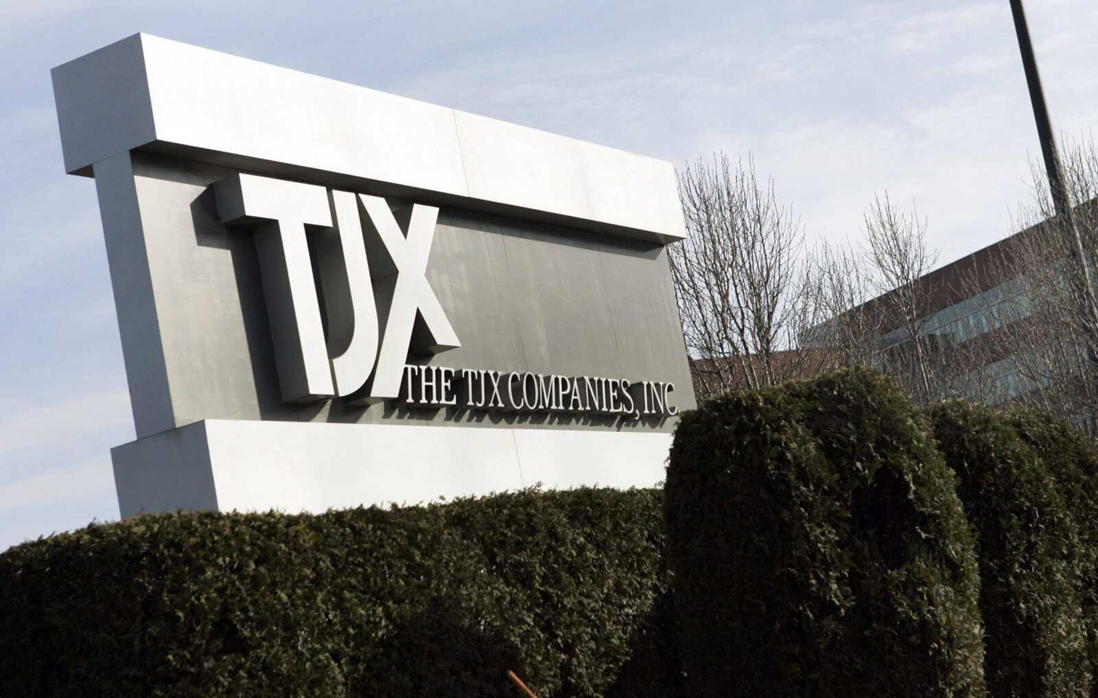 A sign outside the TJX Cos. headquarters was seen in Framingham, Mass. TJX Cos., owner T.J. Maxx and Marshalls stores, in March acknowledged that information from at least 45.7 million credit and debit cards was stolen over an 18-month period. <br>ELISE AMENDOLA <br>Associated Press