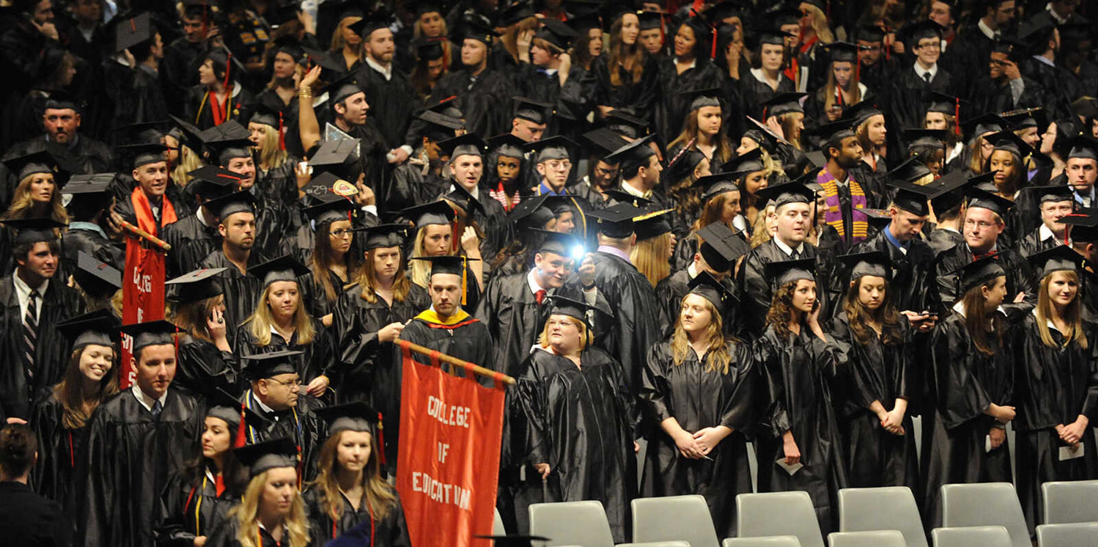 Graduating Southeast Missouri State University students, the largest graduating class in the school's history, file into the Show Me Center for the 2012 Spring Commencement Exercises Saturday, May 12.