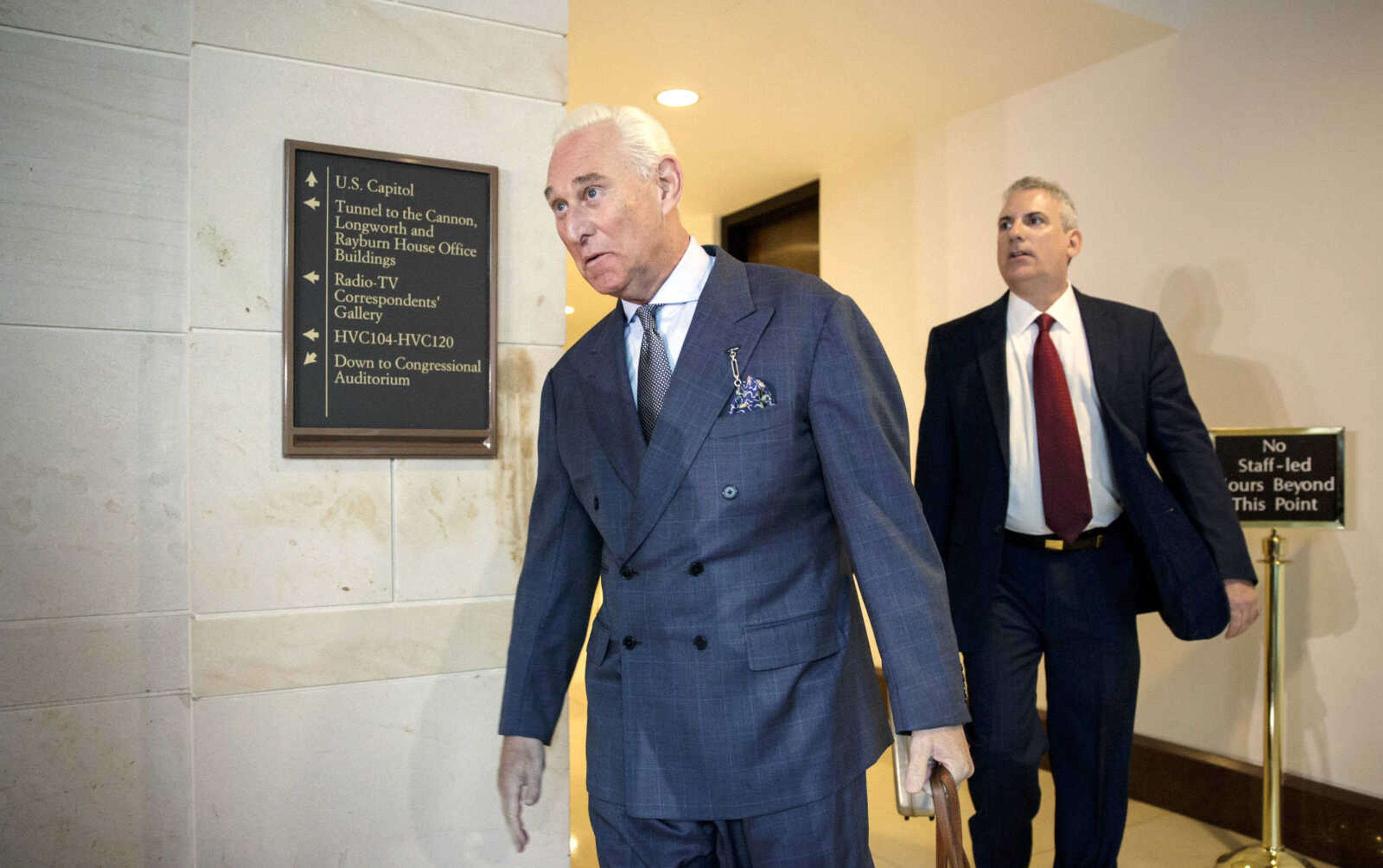 Longtime Donald Trump associate Roger Stone arrives to testify before the House Intelligence Committee on Sept. 26 on Capitol Hill in Washington.