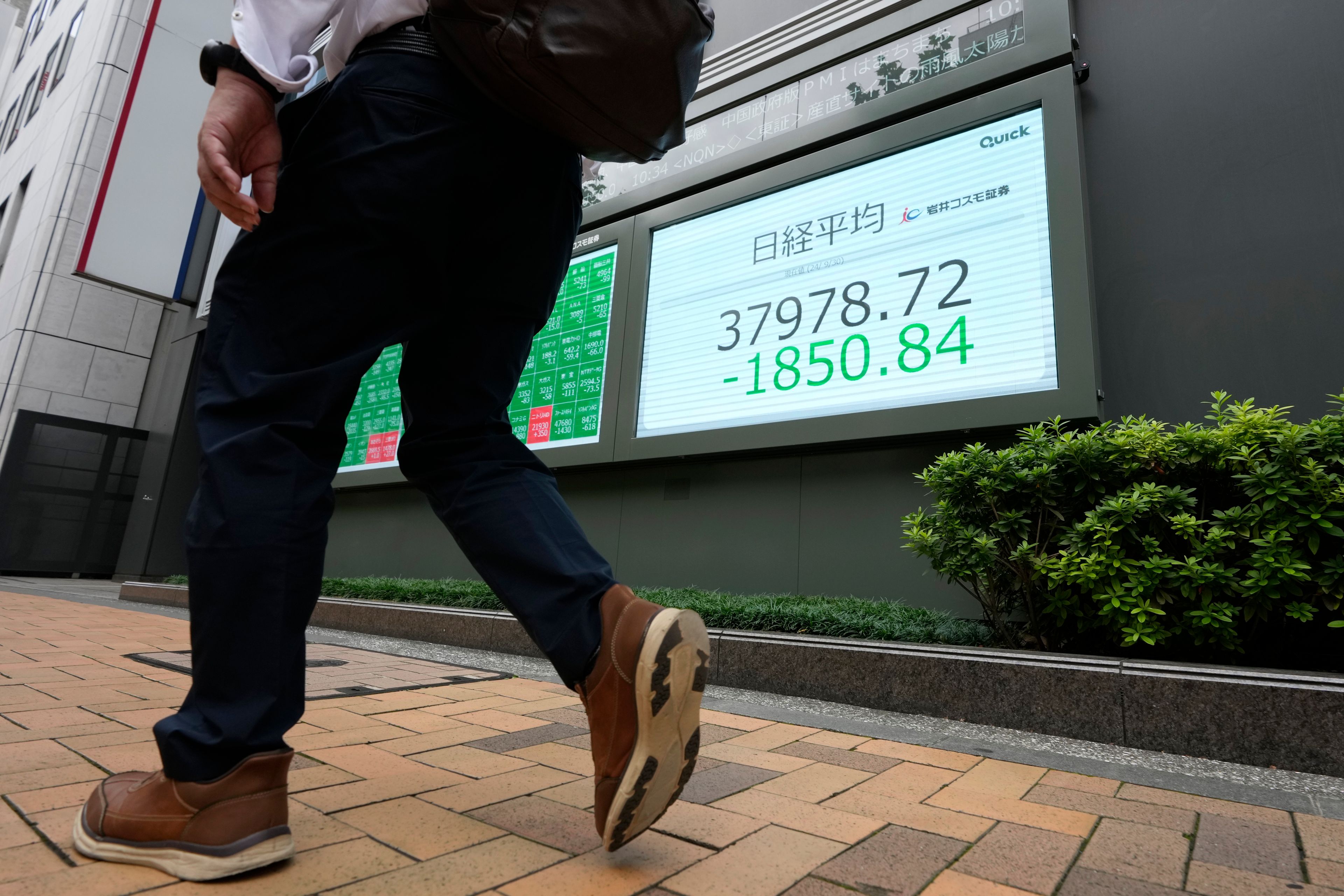 A man walks by monitors showing Japan's Nikkei 225 index at a securities firm in Tokyo, Monday, Sept. 30, 2024. (AP Photo/Hiro Komae)