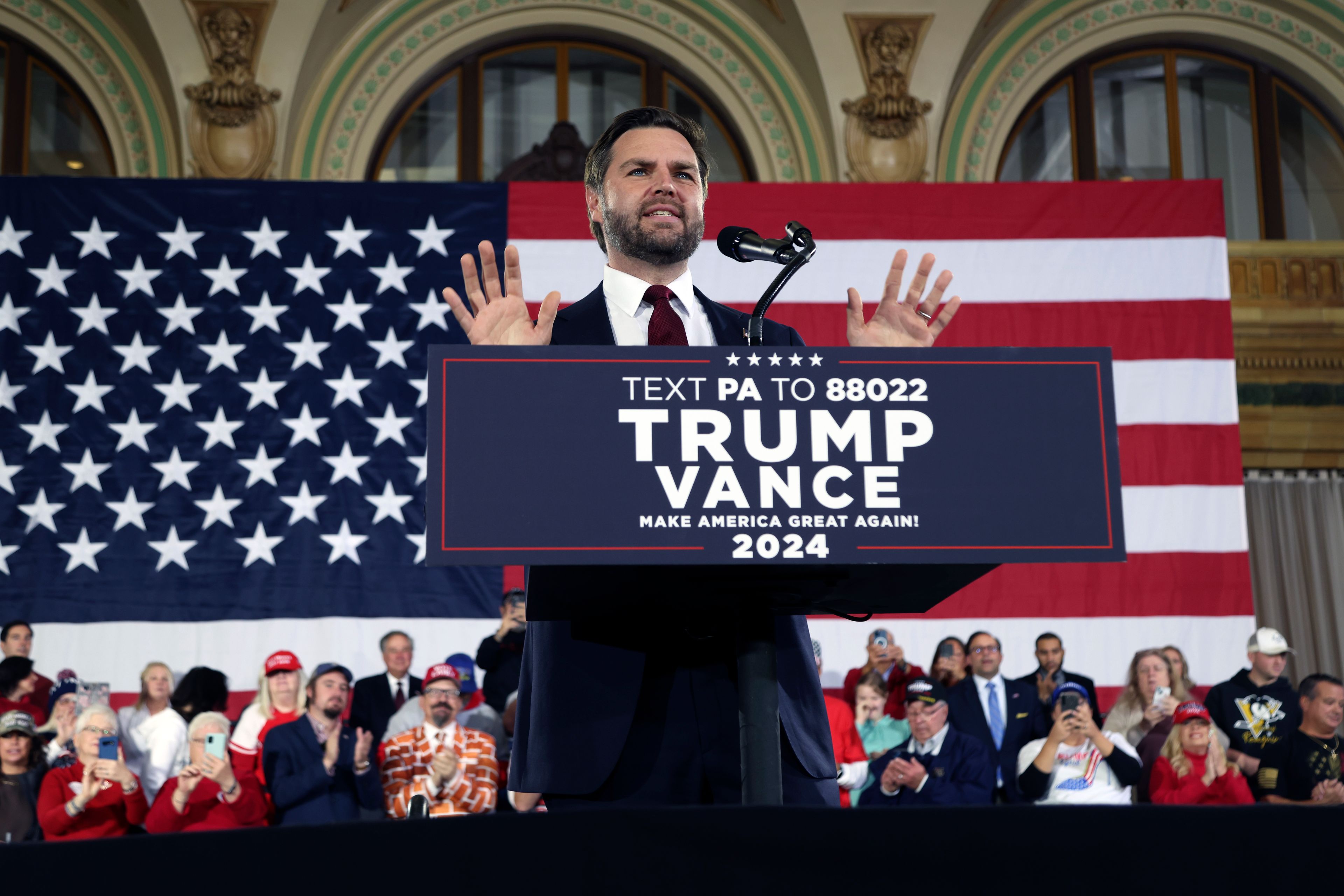 Republican vice presidential nominee Sen. JD Vance, R-Ohio, speaks at a campaign event at The Pennsylvanian in Pittsburgh, Pa., Thursday, Oct. 17, 2024. (AP Photo/Rebecca Droke)