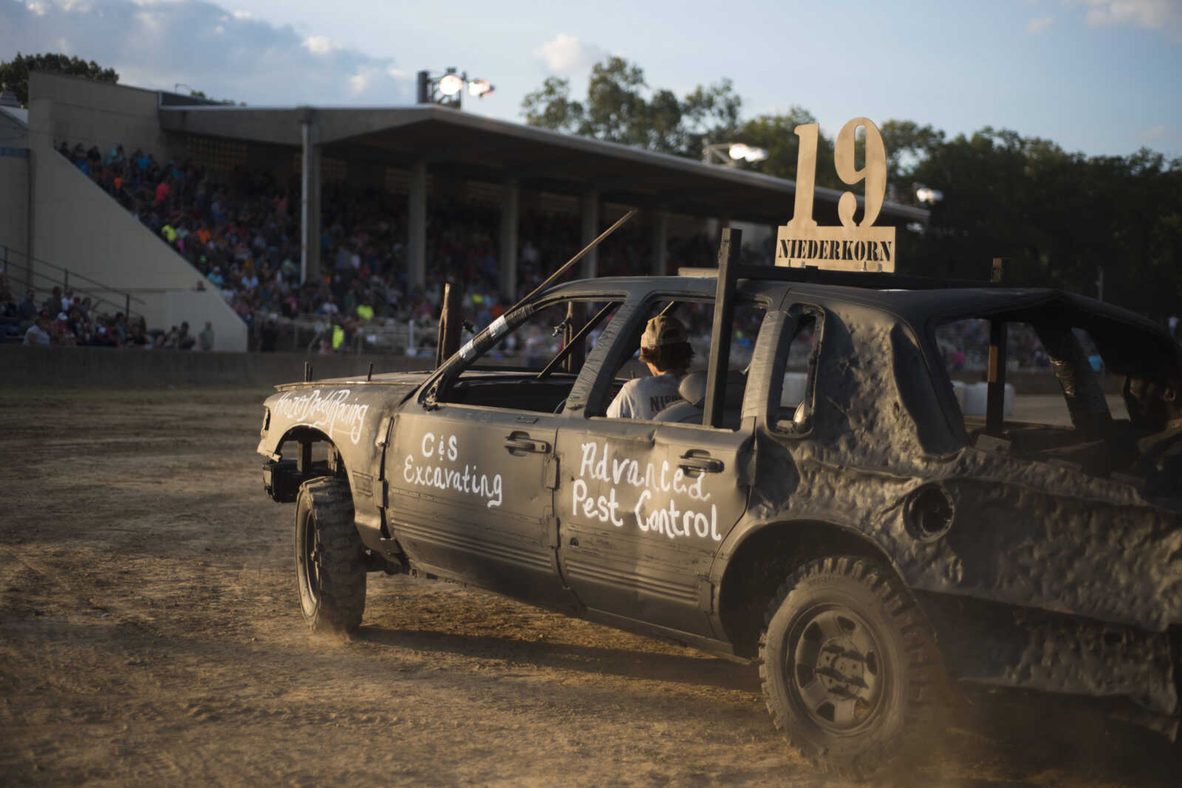 Seth Niederkorn drives towards the pit area before the demolition derby September 9, 2017, at the SEMO District Fair in Cape Girardeau.