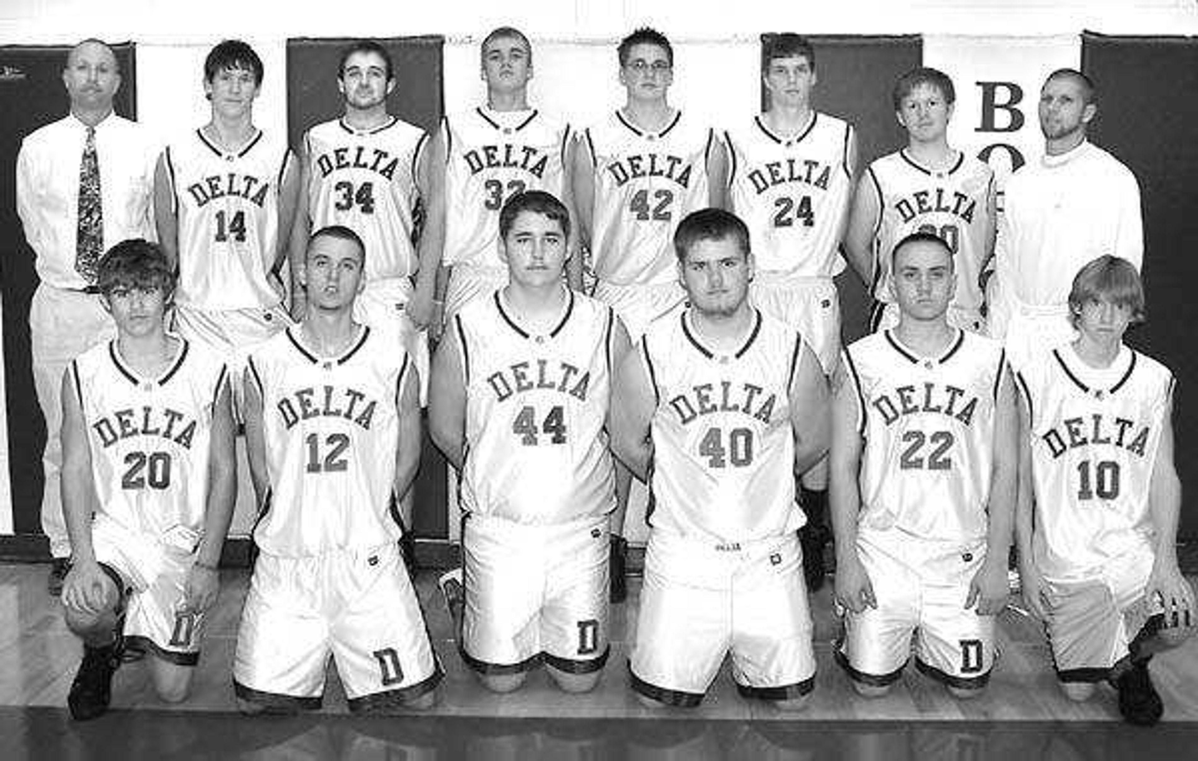 Members of the Delta boys basketball team, from left, Front -- Alex Parks, Aaron Kinder, Gage Bowers, Rick Hunter, Dustin Anglin, Brandon Keys; Back -- assistant coach John Weber, A.J. Horn, Nathan Stroder, Chase Rhodes, Tyler Keys, Terrence Below, Billy Dinkins and head coach Shawn Kinder.