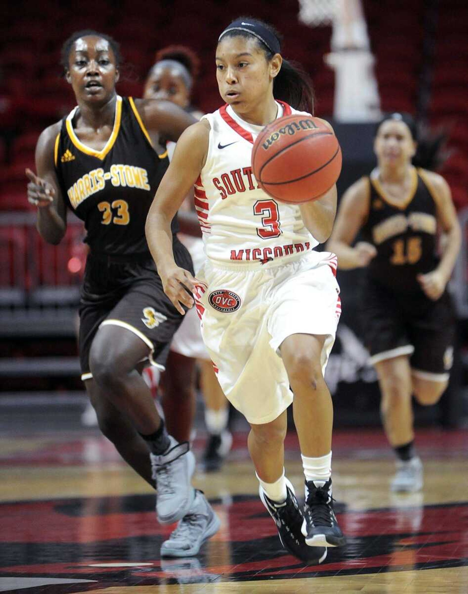 Southeast Missouri State freshman guard Adrianna Murphy leads a fastbreak down the floor against Harris-Stowe during the first quarter Monday.