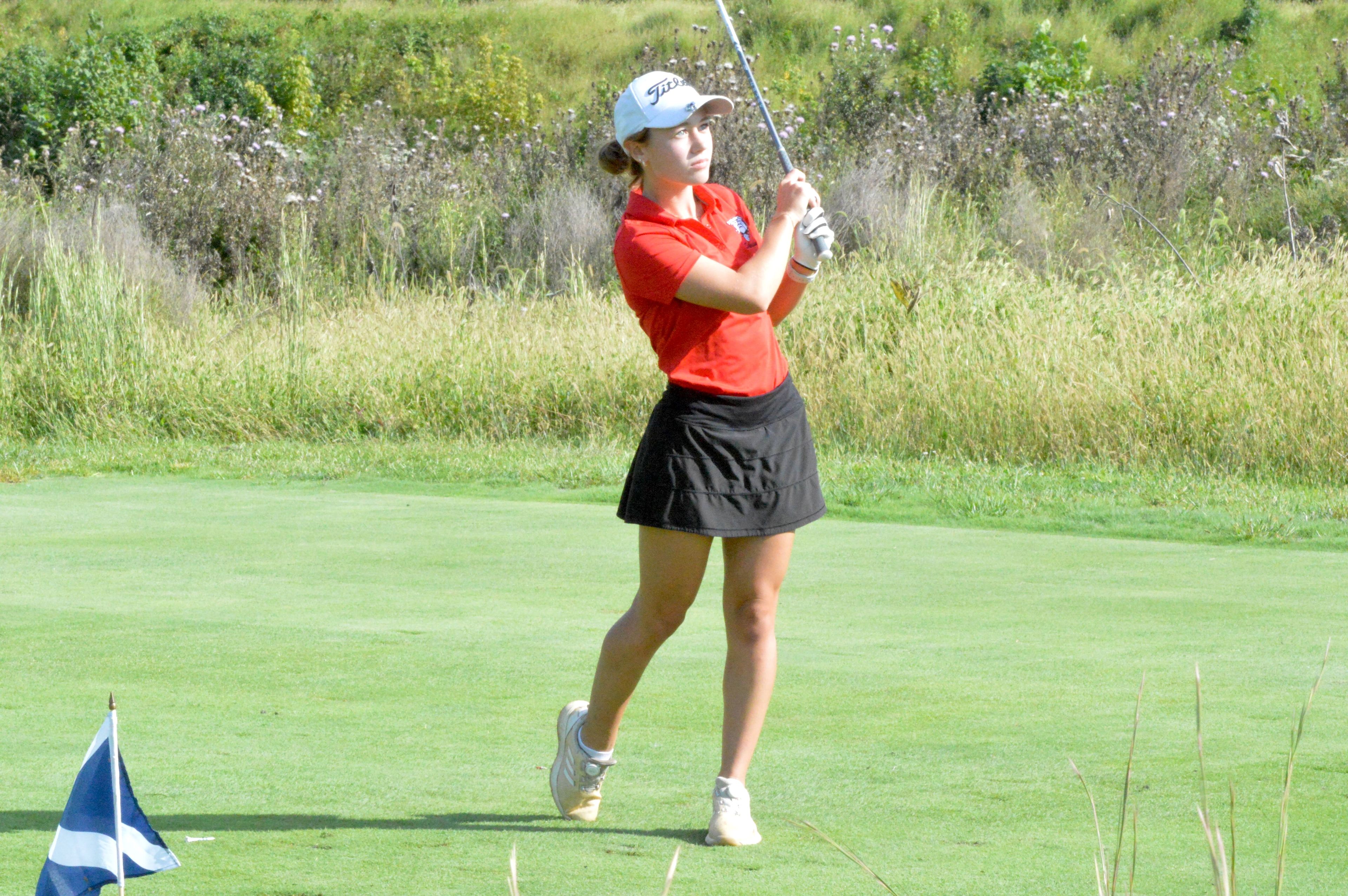 Sikeston junior Kadison Adell tees off on the second hole of the day in the Notre Dame quad-meet on Thursday, Sept. 26.