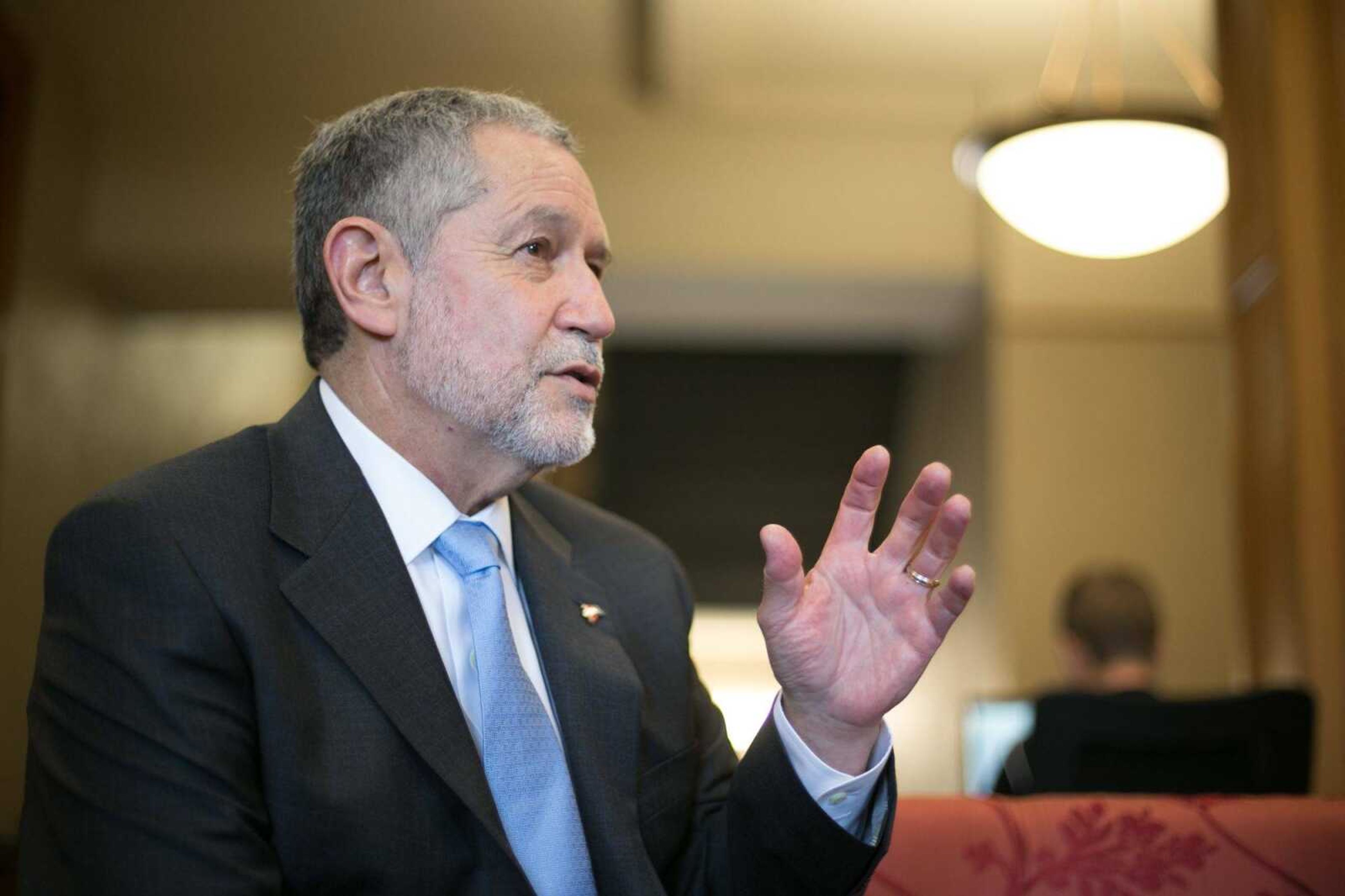 Southeast Missouri State University president Carlos Vargas-Aburto meets Wednesday with a group of students who work in the admissions office on campus. (Glenn Landberg)