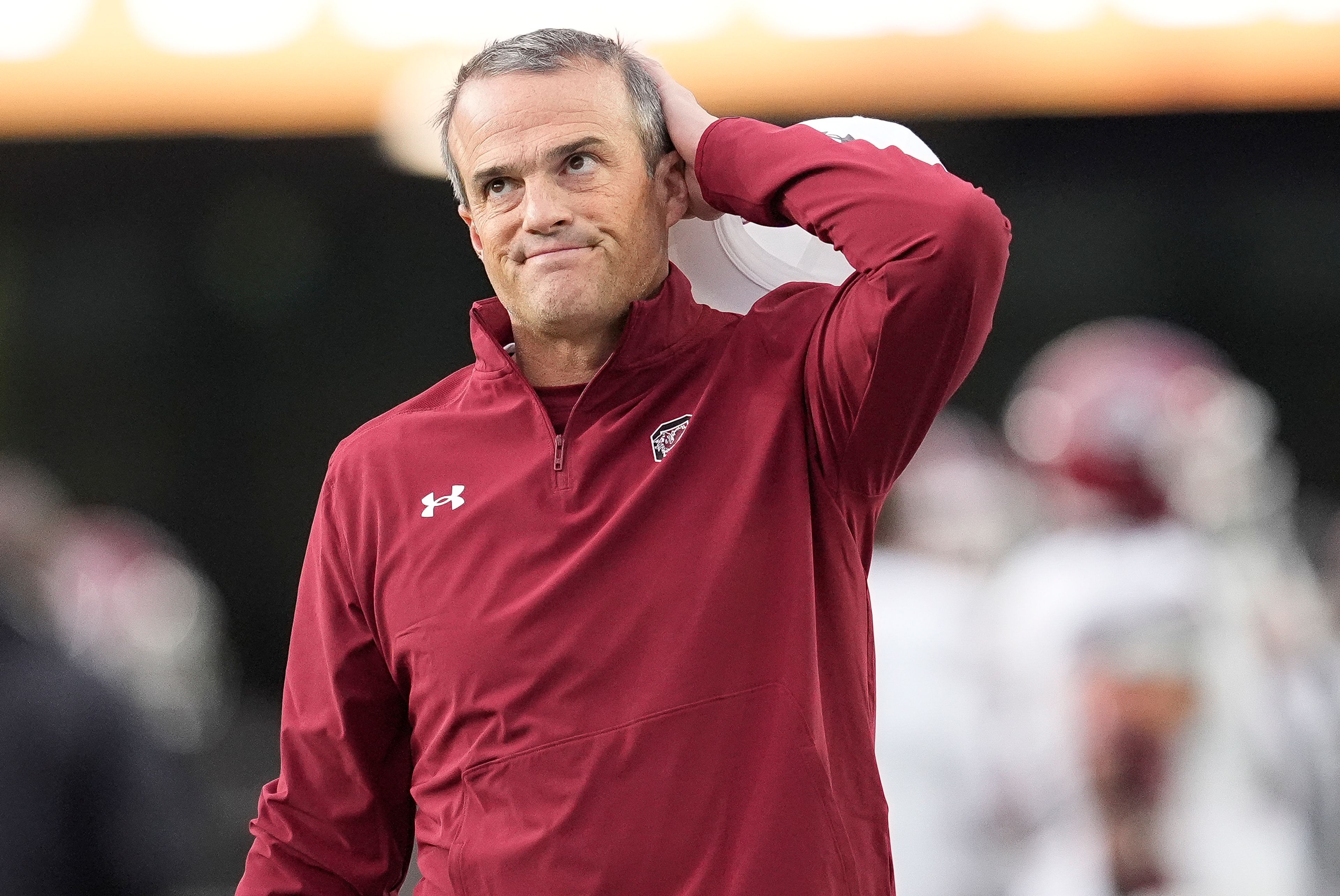 South Carolina head coach Shane Beamer walks the sideline during the first half of an NCAA college football game against Vanderbilt, Saturday, Nov. 9, 2024, in Nashville, Tenn. (AP Photo/George Walker IV)