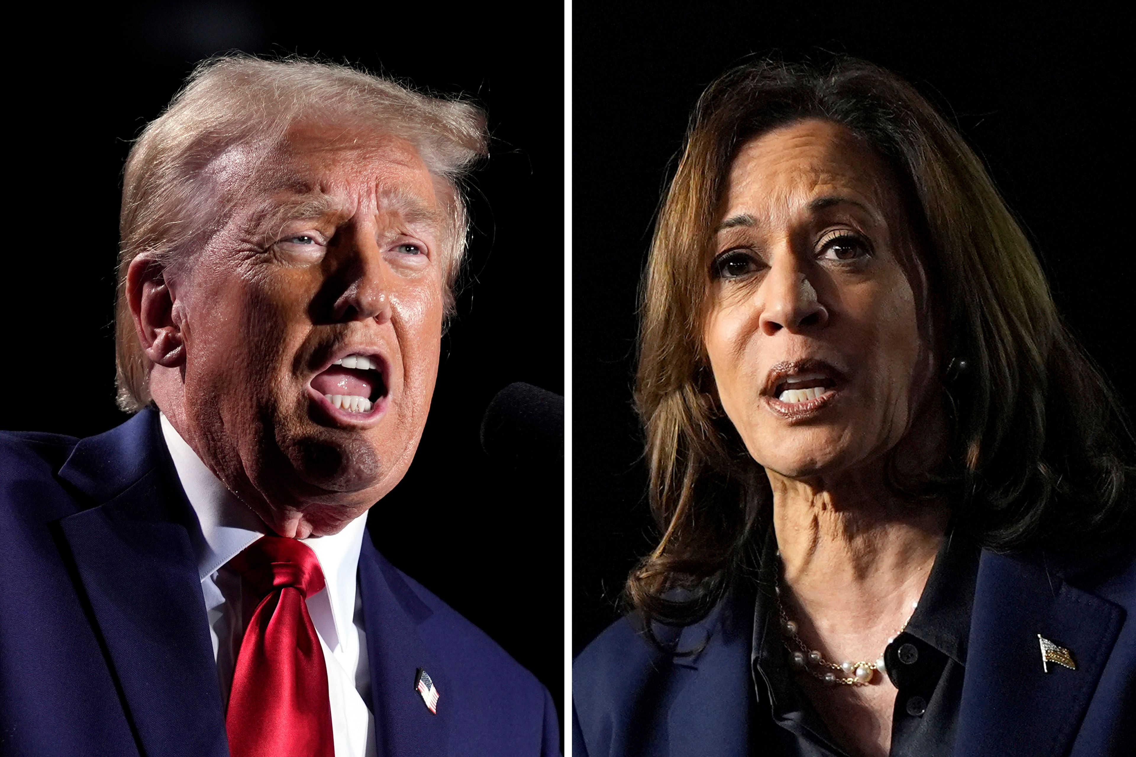 This combination of file photos shows Republican presidential nominee former President Donald Trump, left, speaking at a campaign rally, Oct. 18, 2024, in Detroit, and Democratic presidential nominee Vice President Kamala Harris, right, speaking at a campaign rally in Green Bay, Wis., Oct. 17, 2024. (AP Photo)