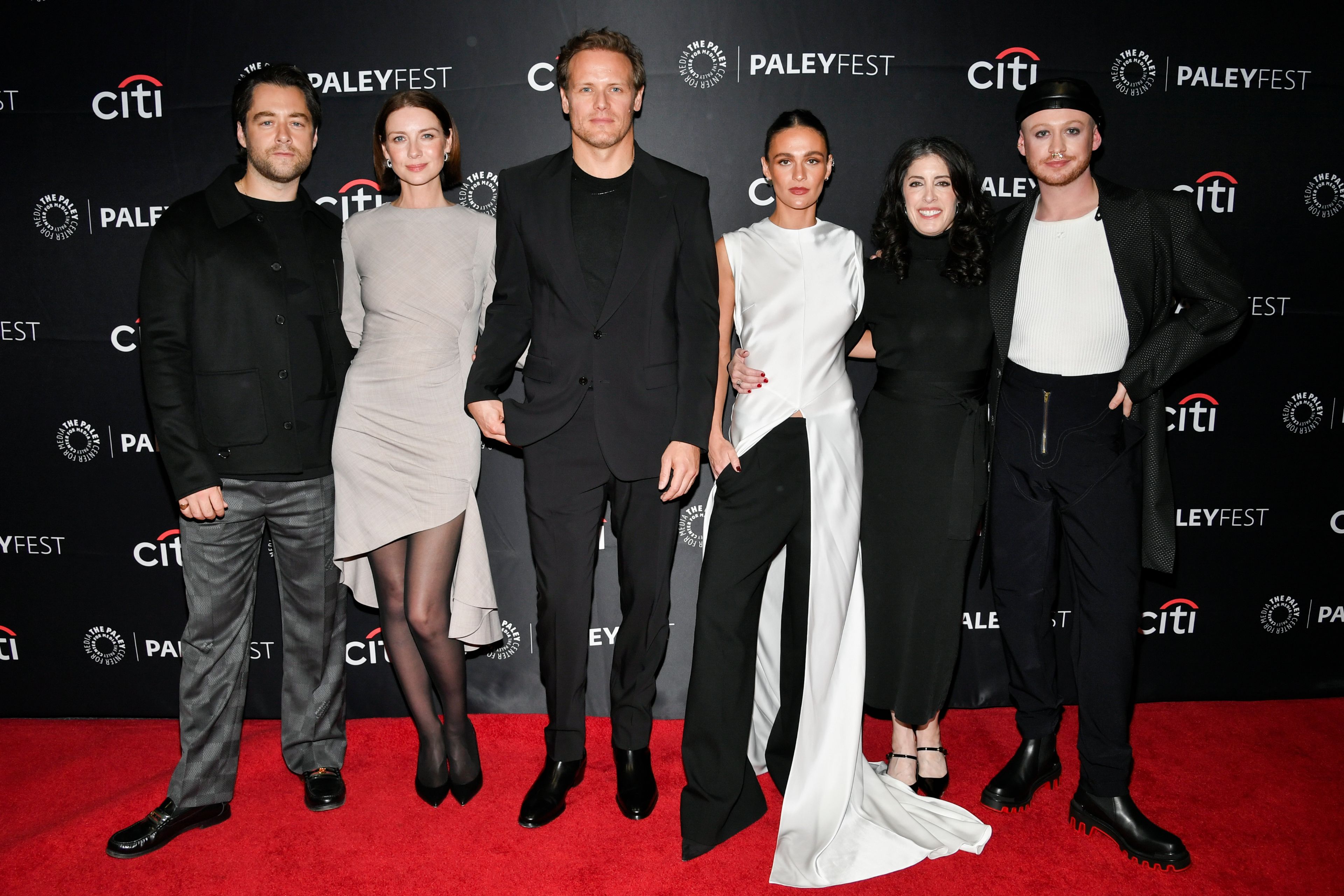 Richard Rankin, from left, Caitriona Balfe, Sam Heughan, Maril Davis, and John Bell attend the "Outlander" 10th Anniversary Celebration during PaleyFest NY at the Paley Center for Media on Wednesday, Oct. 16, 2024, in New York. (Photo by Evan Agostini/Invision/AP)