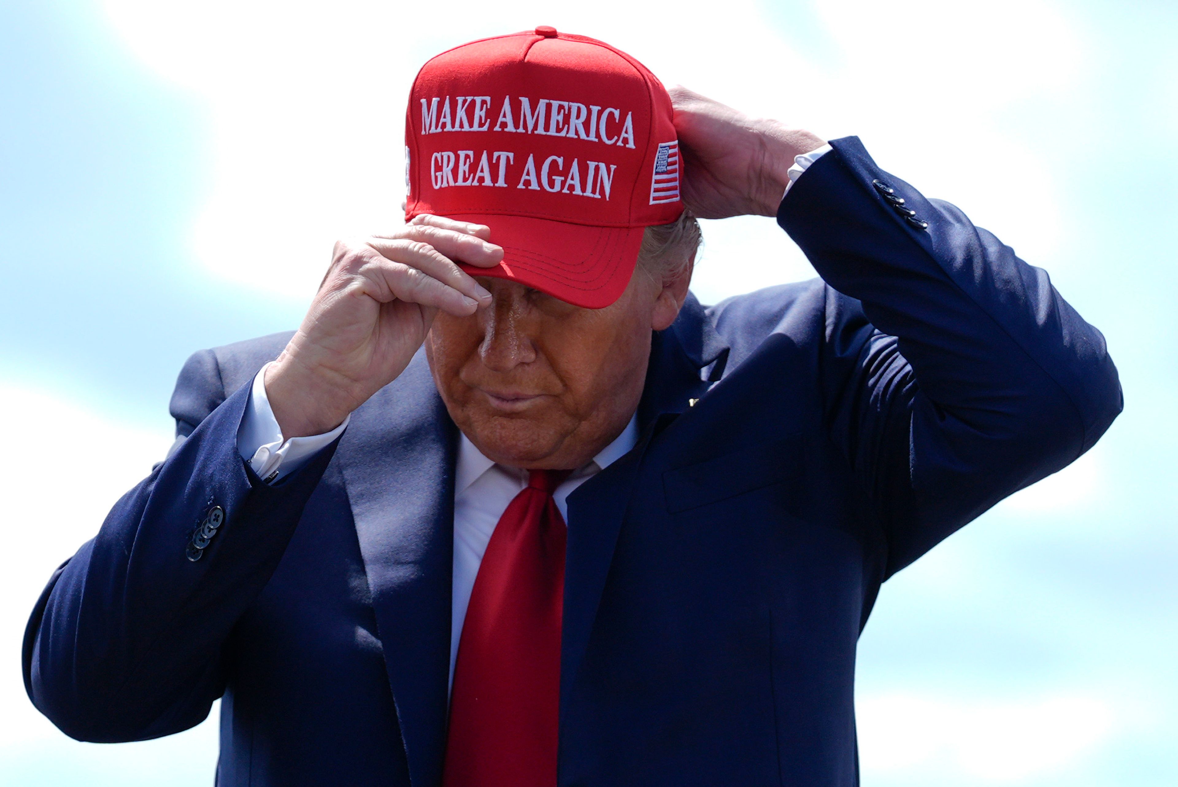 Republican presidential nominee former President Donald Trump arrives at Valdosta Regional Airport to visit areas impacted by Hurricane Helene, Monday, Sept. 30, 2024, in Valdosta, Ga. (AP Photo/Evan Vucci)