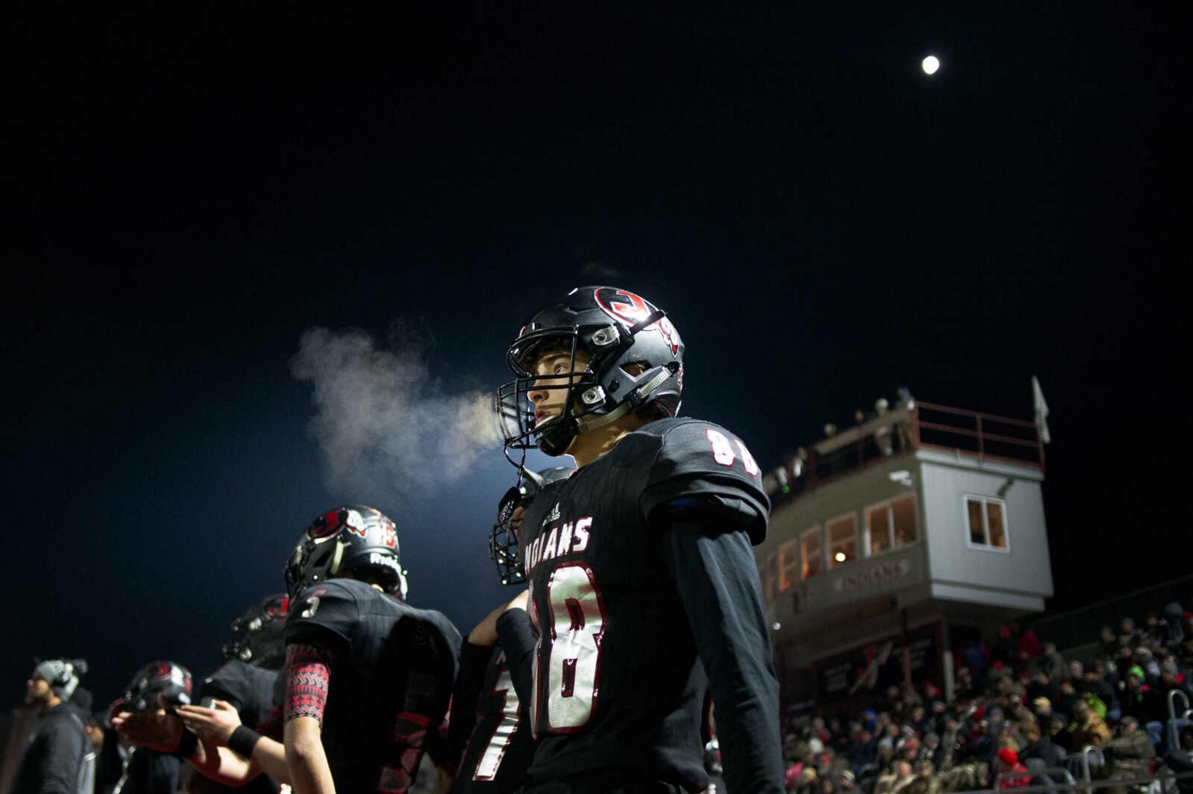 Jackson's Logan Bruns (88) exhales during the Jackson Indians' 55-14 win over the Seckman Jaguars in the Class 5 District 1 semifinal Friday, Nov. 8, 2019, in Jackson.