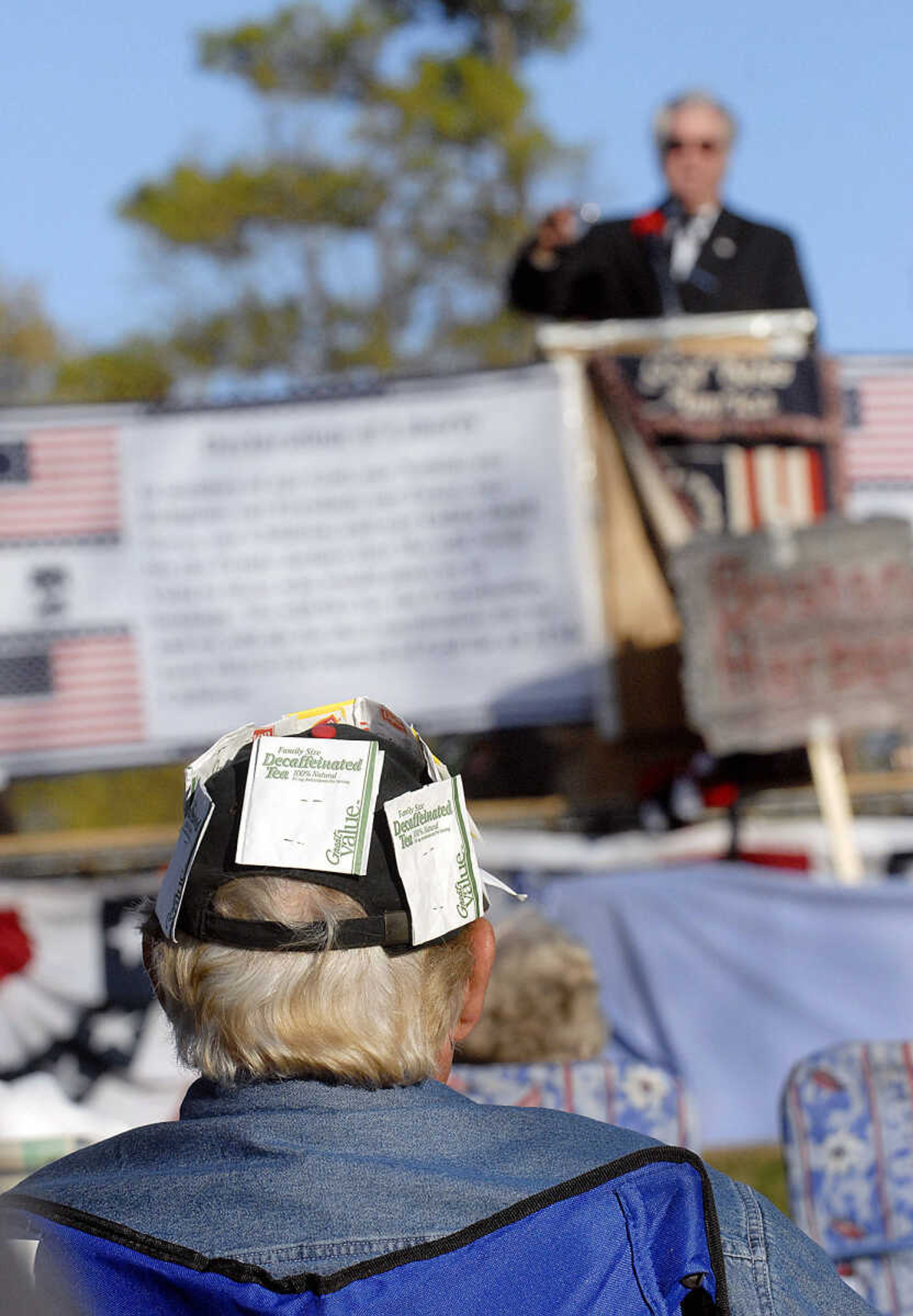 ELIZABETH DODD ~ edodd@semissourian.com
Danny Hale of Jackson displays teabags on his hat representing the Boston Tea Party by American colonists against British taxes in 1773.