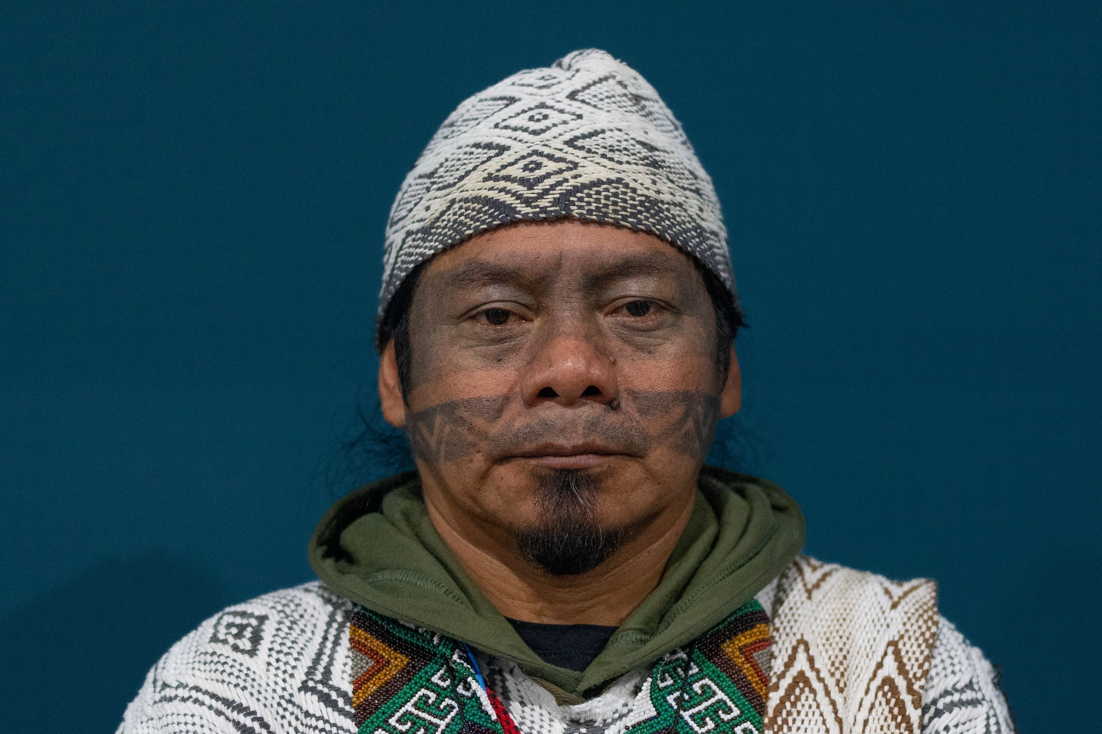 Ninawa Inu Pereira Nunes, 50, of Feijo, Brazil, from the Huni Kui community, poses for a photo during the COP29 U.N. Climate Summit, Thursday, Nov. 14, 2024, in Baku, Azerbaijan. (AP Photo/Rafiq Maqbool)