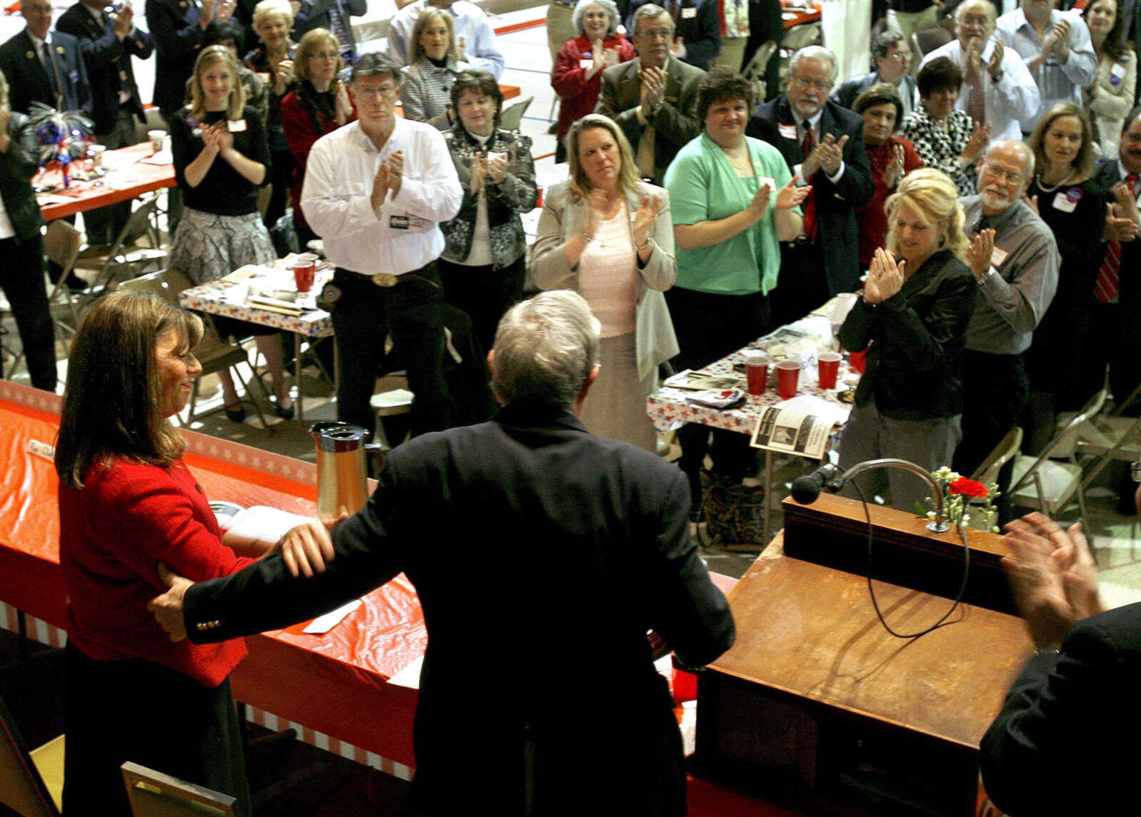 Southeast Missourian file
Senator Kit Bond receives a standing ovation after being introduced by U.S. Rep. Jo Ann Emerson at the Cape Girardeau County Lincoln Day dinner Saturday night, March 14, 2009 at the A.C. Brase Arena Building.