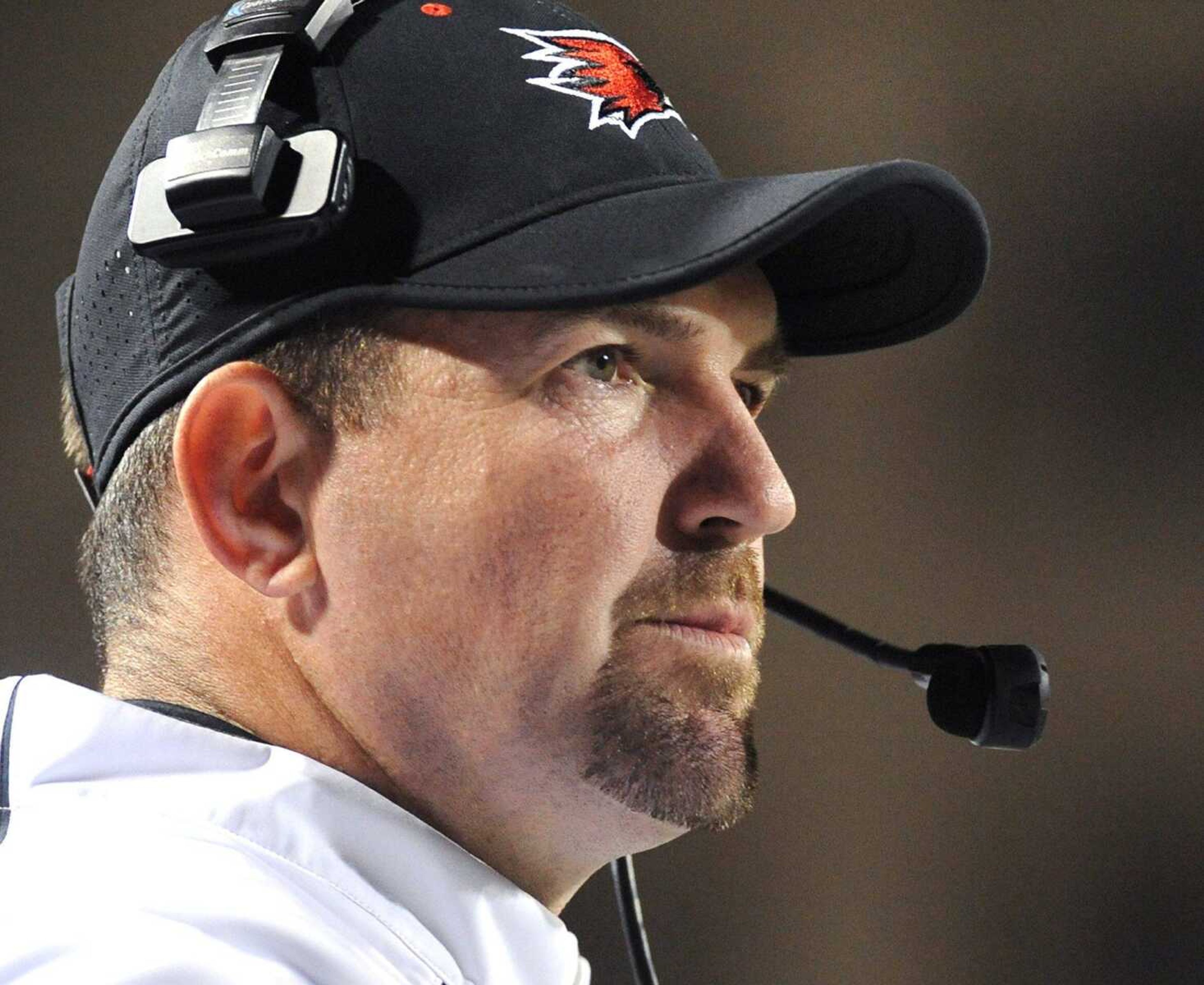 Southeast Missouri State coach Tom Matukewicz awaits the kickoff for the second half against Murray State Saturday, Oct. 3, 2015 at Houck Stadium. (Fred Lynch)