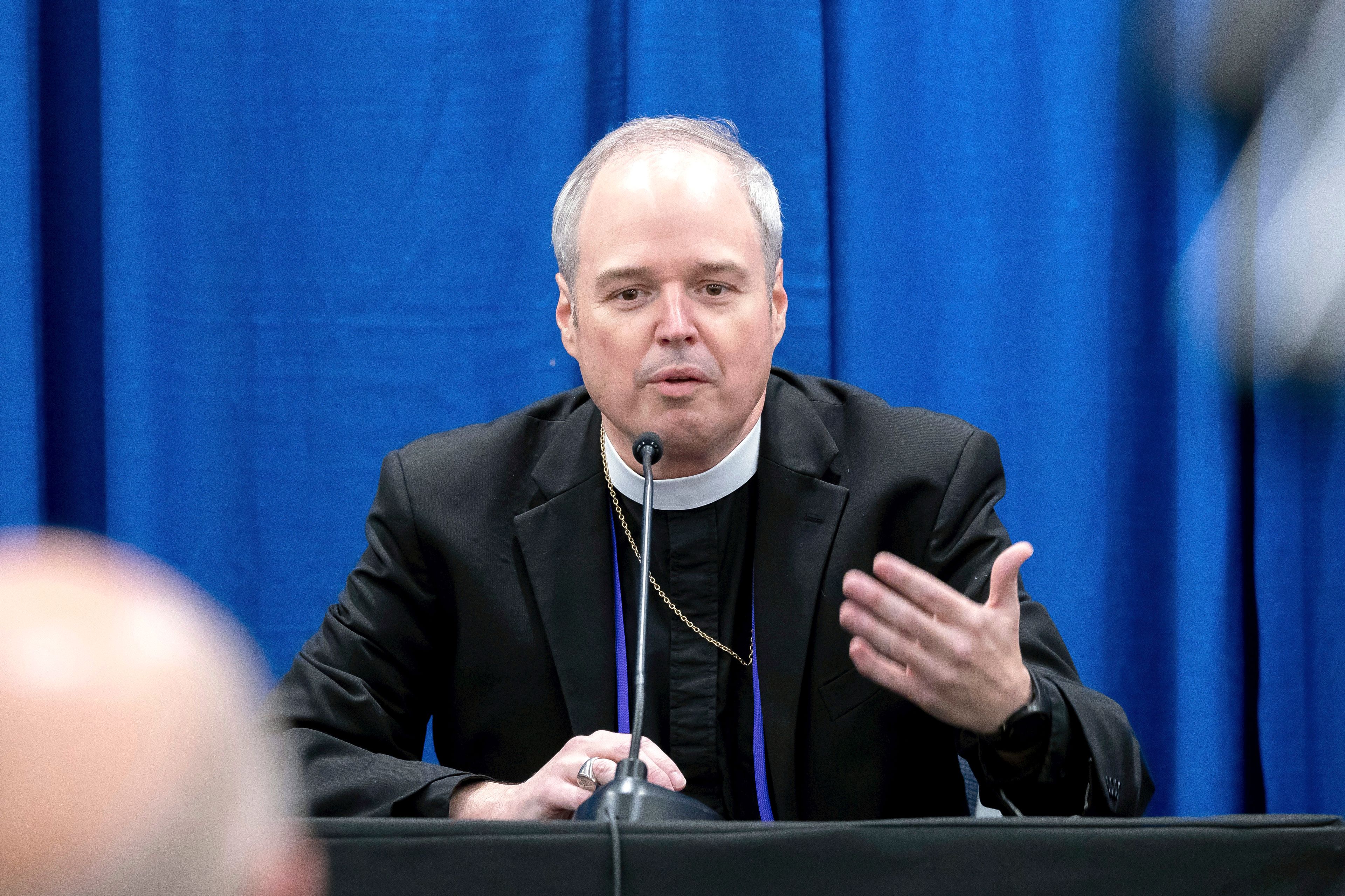 Presiding Bishop-elect Sean Rowe speaks following his election during the Episcopal Church General Convention in Louisville, Ky., June 26, 2024. (Randall Gornowich/The Episcopal Church via AP)