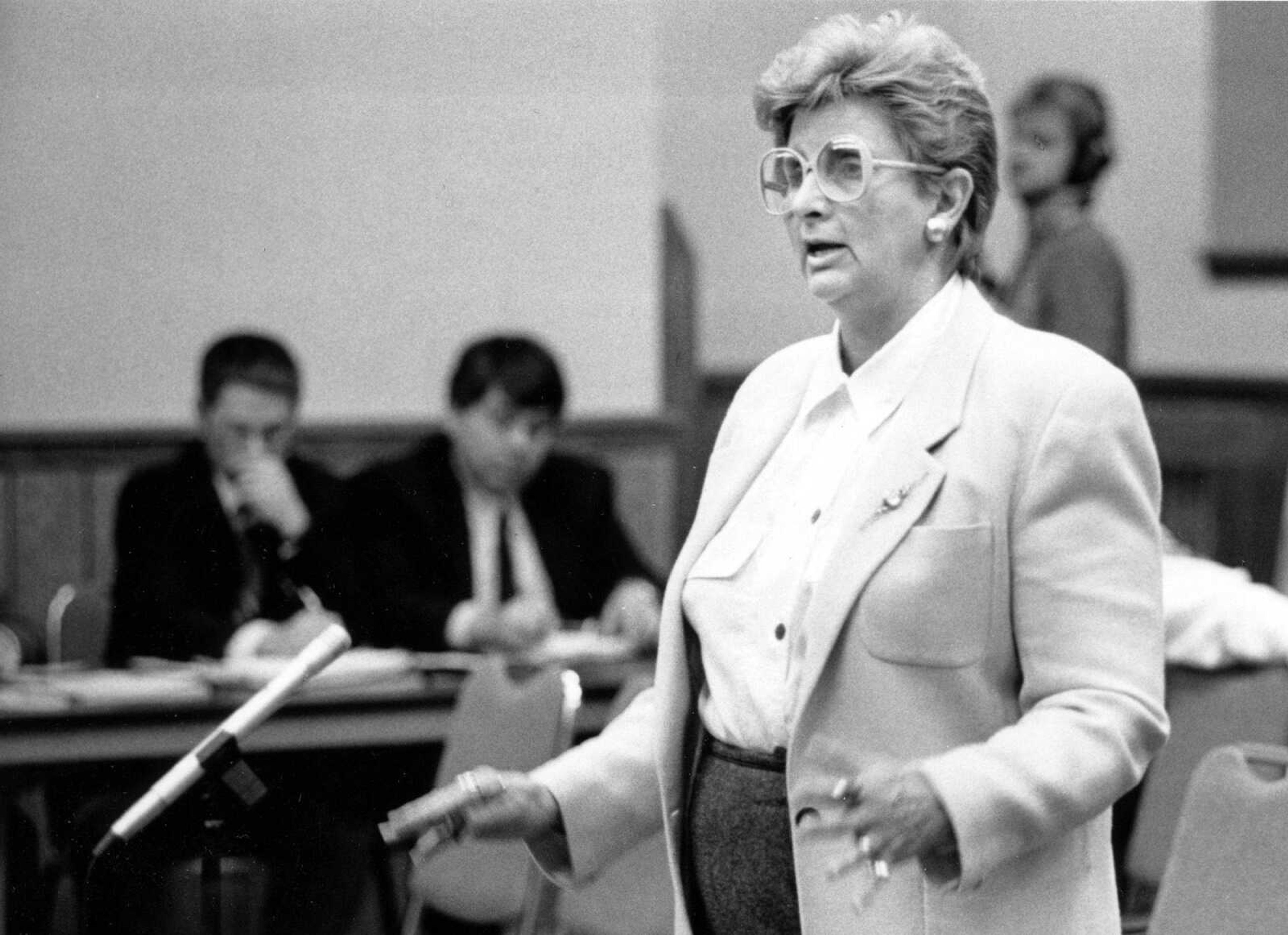 Loretta Schneider appears before the Cape Girardeau City Council in March 1992 questioning the city's decision to remove the improvement of Perryville Road from its five-year capital improvement plan.