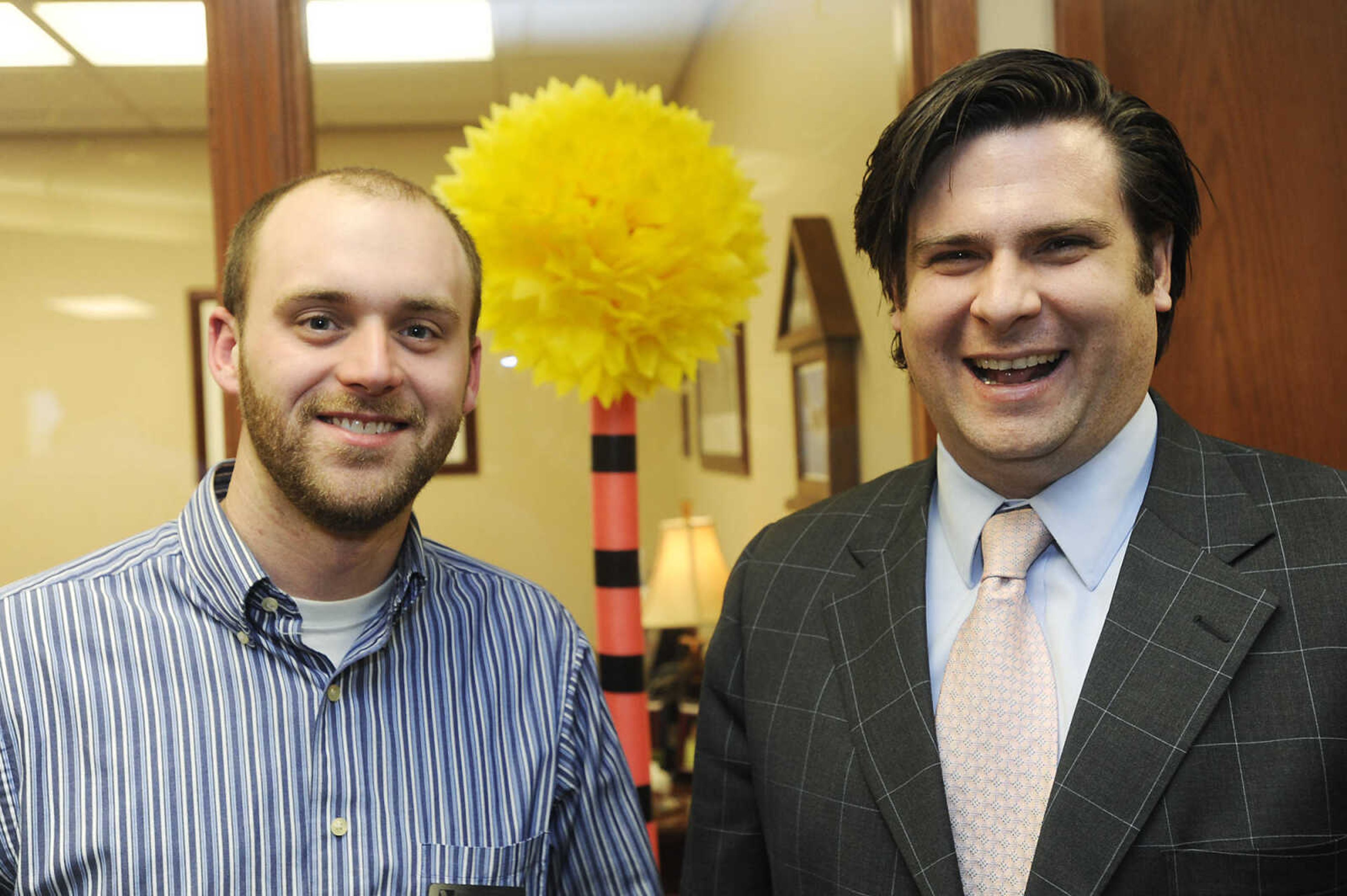 David Hinkbein of The Bank of Missouri's Reliable Insurance Services and Lawrence Dauer  of The Bank of Missouri's Investment and Retirement Planning at the Jackson Chamber of Commerce after hours event Tuesday, March 12, at The Bank of Missouri.