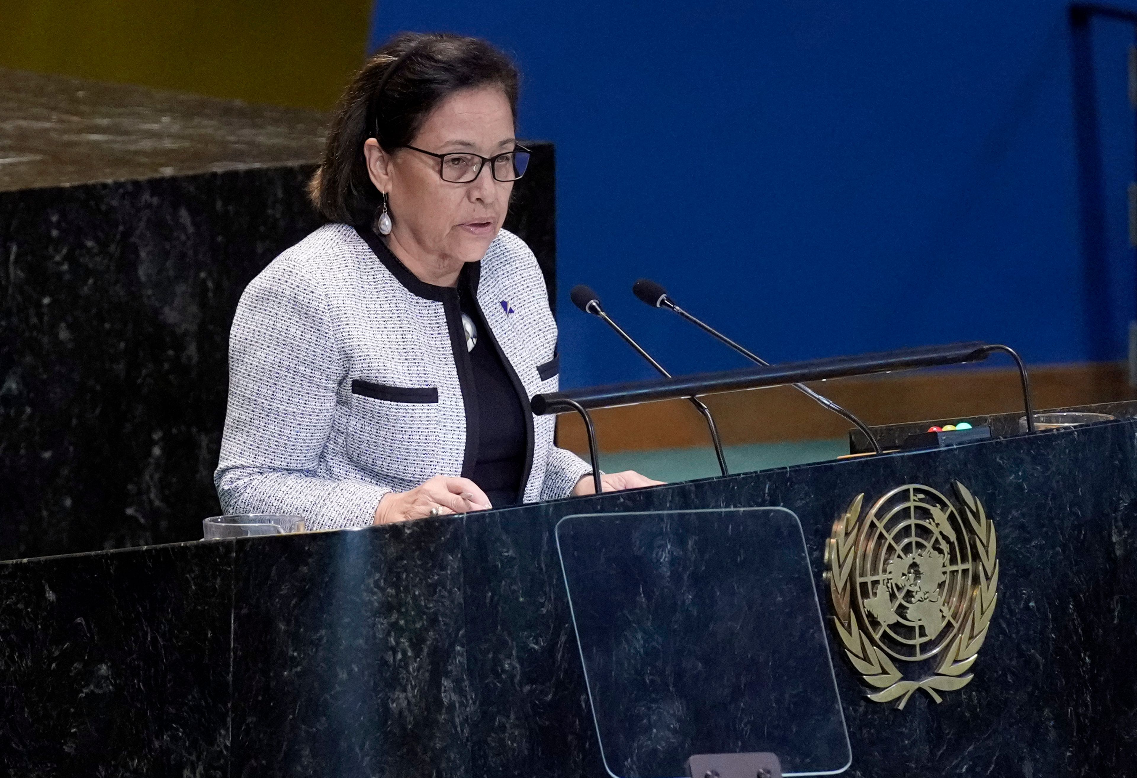 Marshall Islands President Hilda Heine addresses the the Summit of the Future, in the United Nations General Assembly, Monday, Sept. 23, 2024. (AP Photo/Richard Drew)