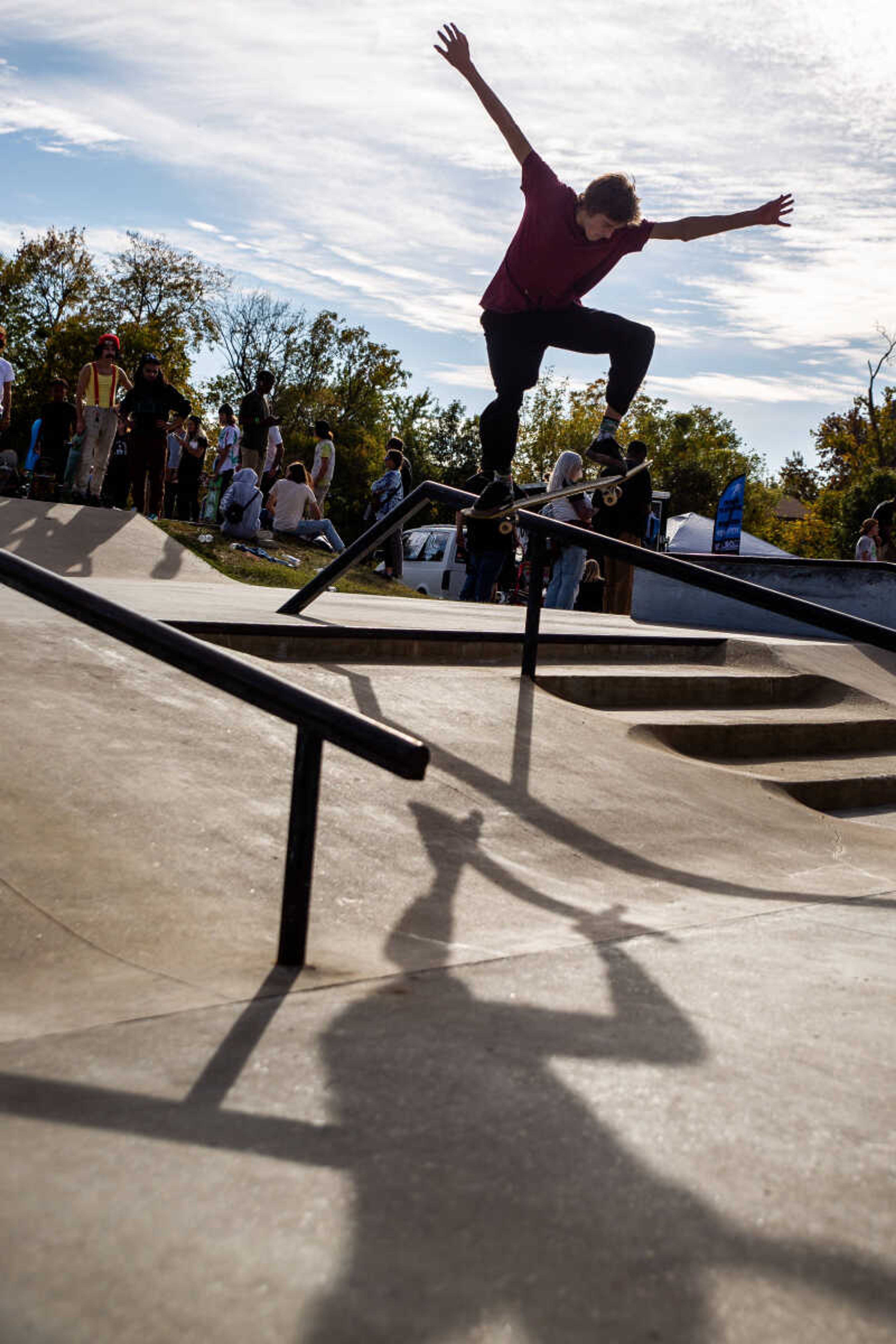 Josh Blandford hits the bar as he skateboards at the Blood Bash.